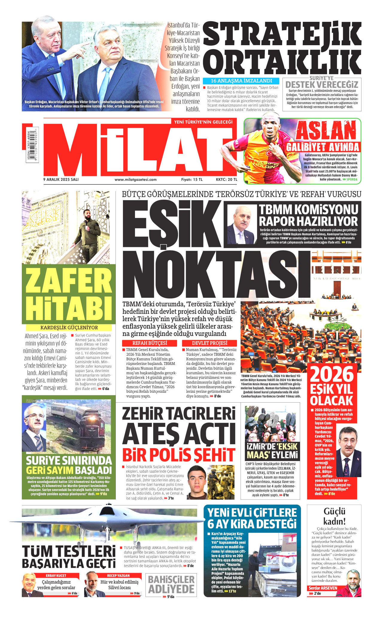 MİLAT gazetesinin 9 Aralık 2025 tarihli birinci sayfası