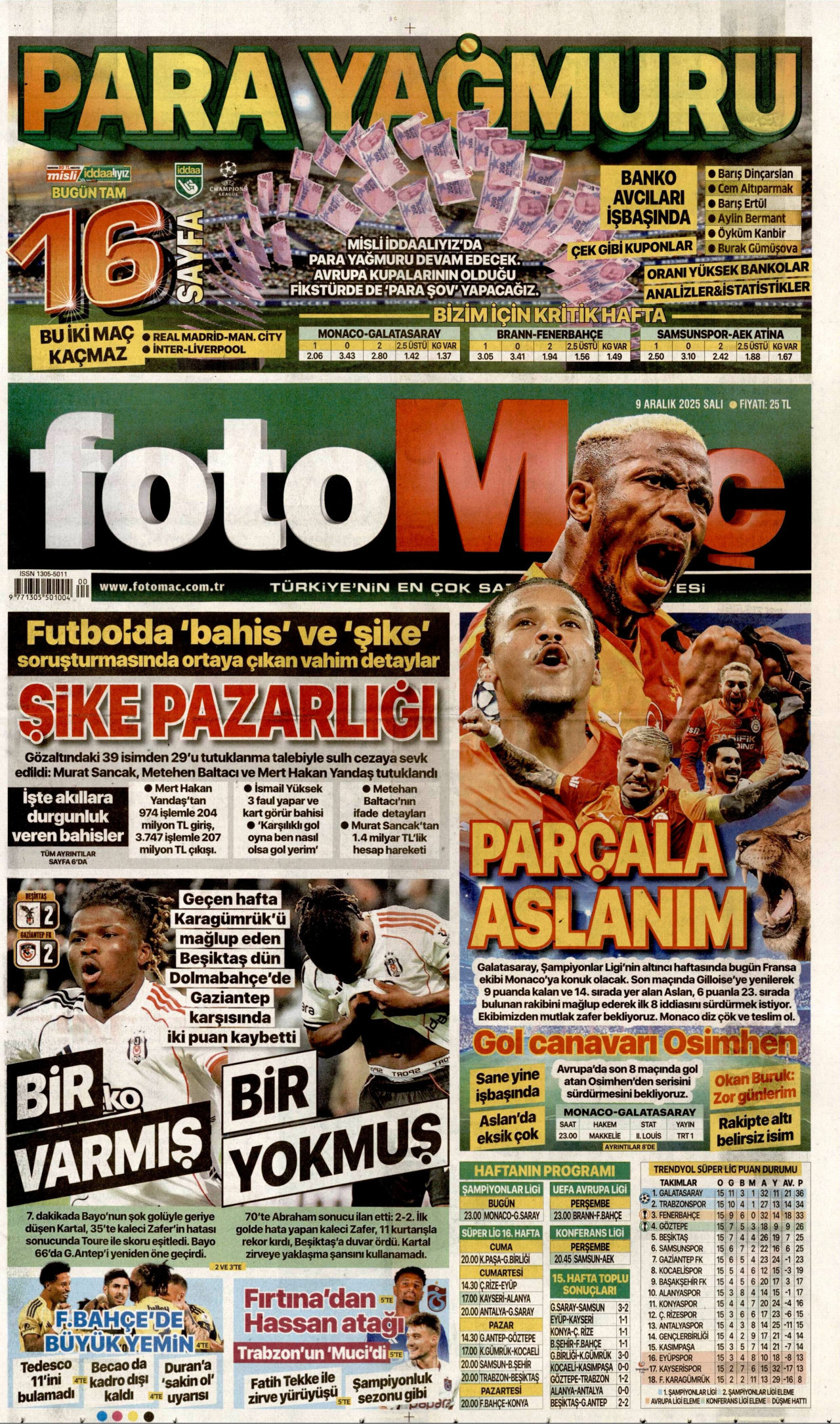 FOTOMAÇ gazetesinin 9 Aralık 2025 tarihli birinci sayfası