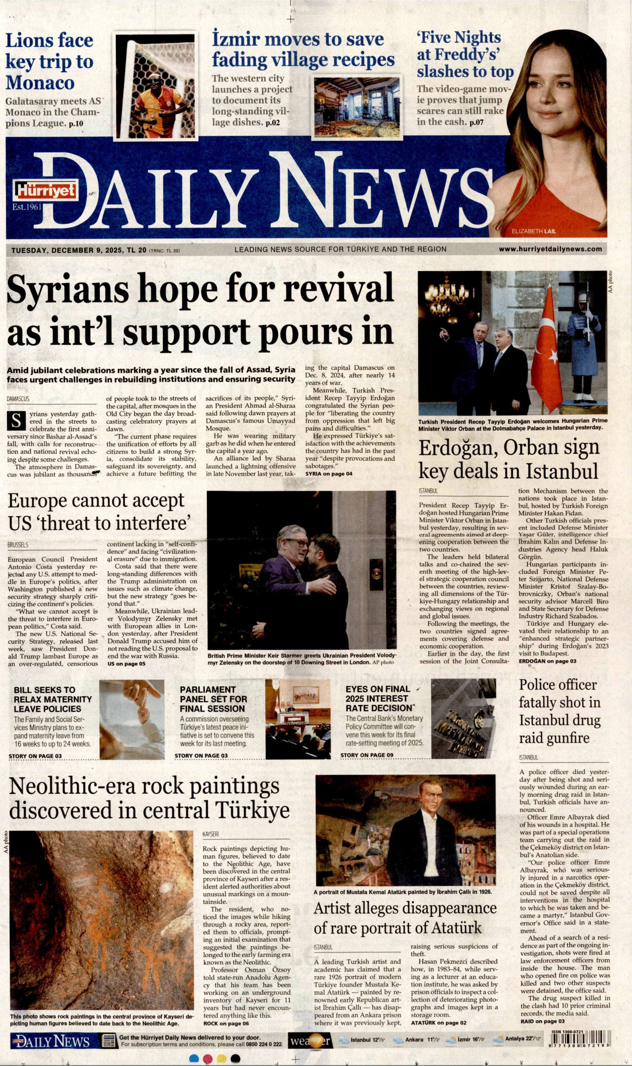 HÜRRİYET DAİLY NEWS gazetesinin 9 Aralık 2025 tarihli birinci sayfası