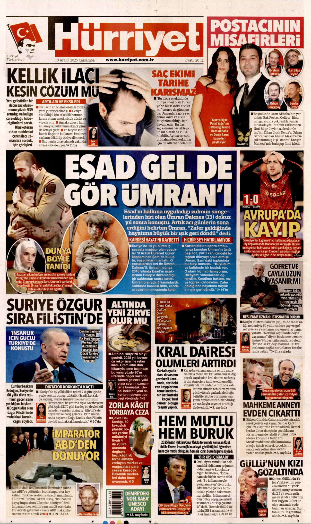 HÜRRİYET gazetesinin 10 Aralık 2025 tarihli birinci sayfası