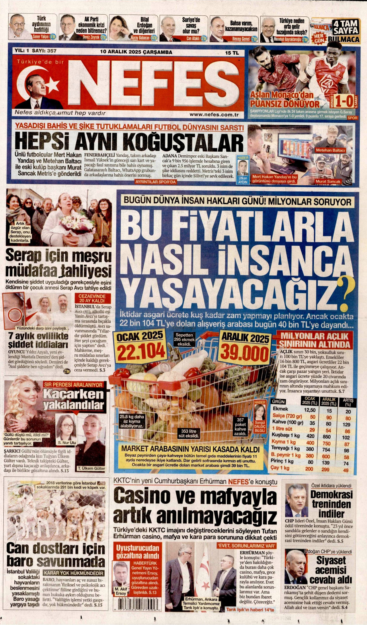NEFES gazetesinin 10 Aralık 2025 tarihli birinci sayfası