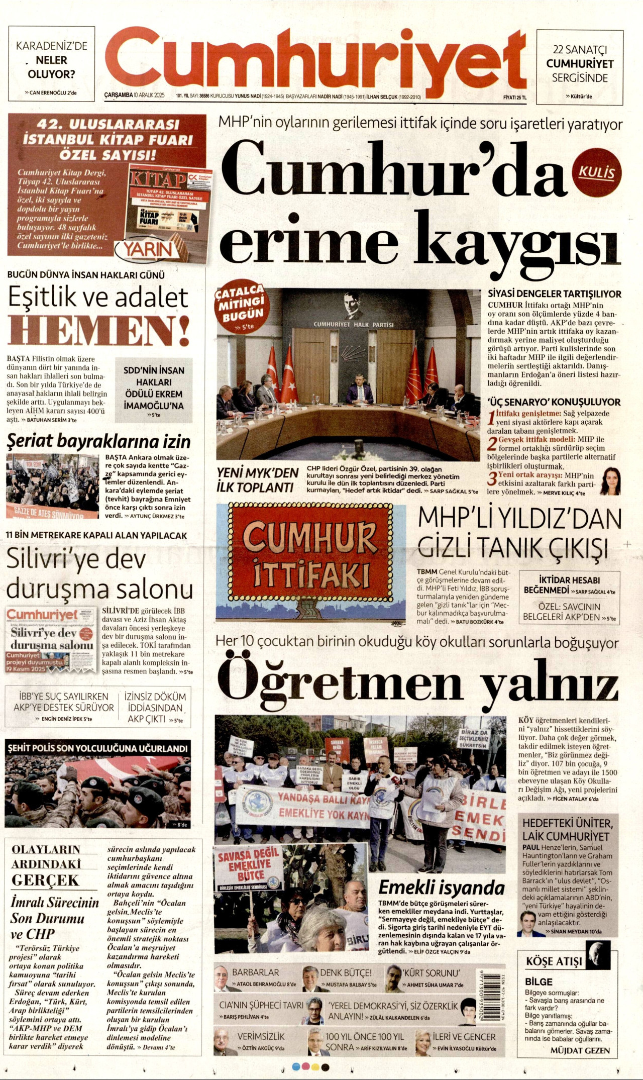 CUMHURİYET gazetesinin 10 Aralık 2025 tarihli birinci sayfası