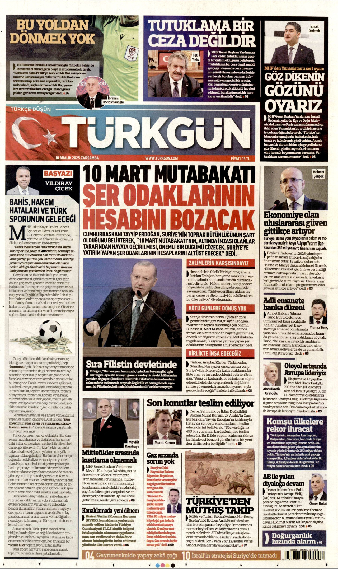 TÜRKGÜN gazetesinin 10 Aralık 2025 tarihli birinci sayfası