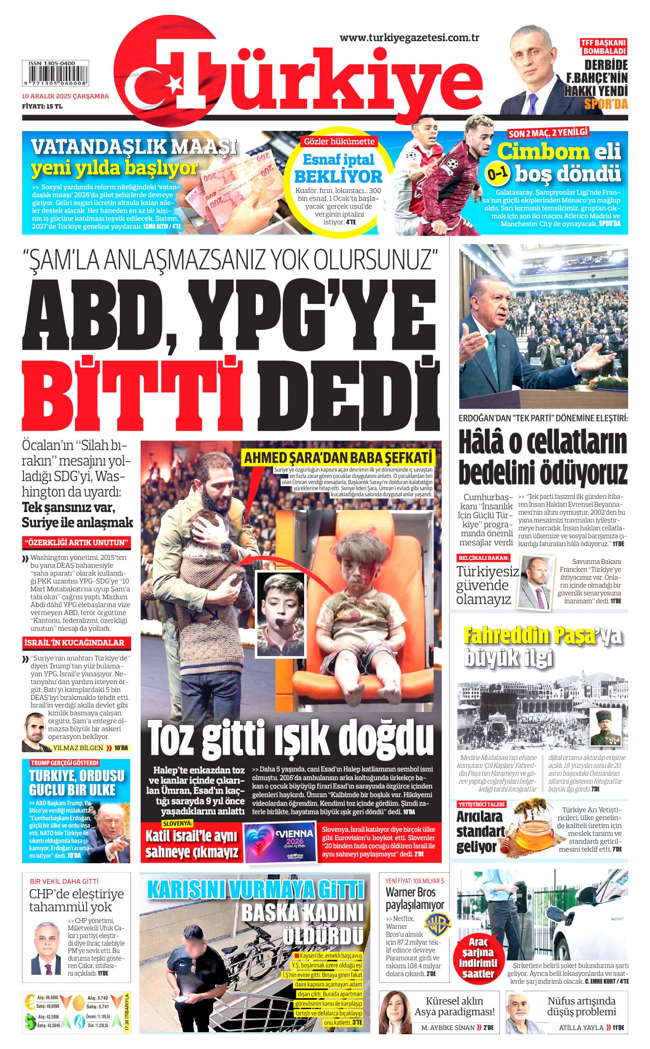 TÜRKİYE GAZETESİ gazetesinin 10 Aralık 2025 tarihli birinci sayfası