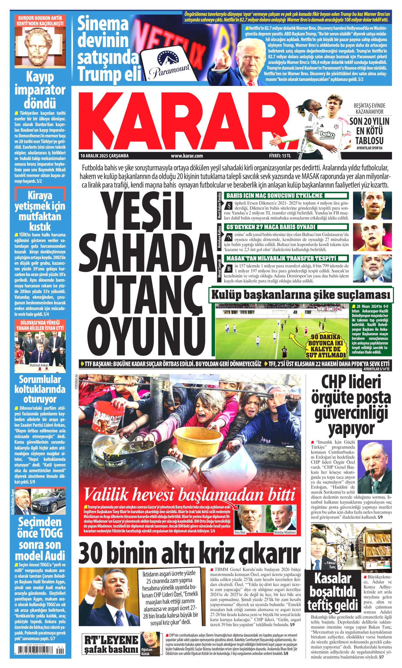 KARAR gazetesinin 10 Aralık 2025 tarihli birinci sayfası