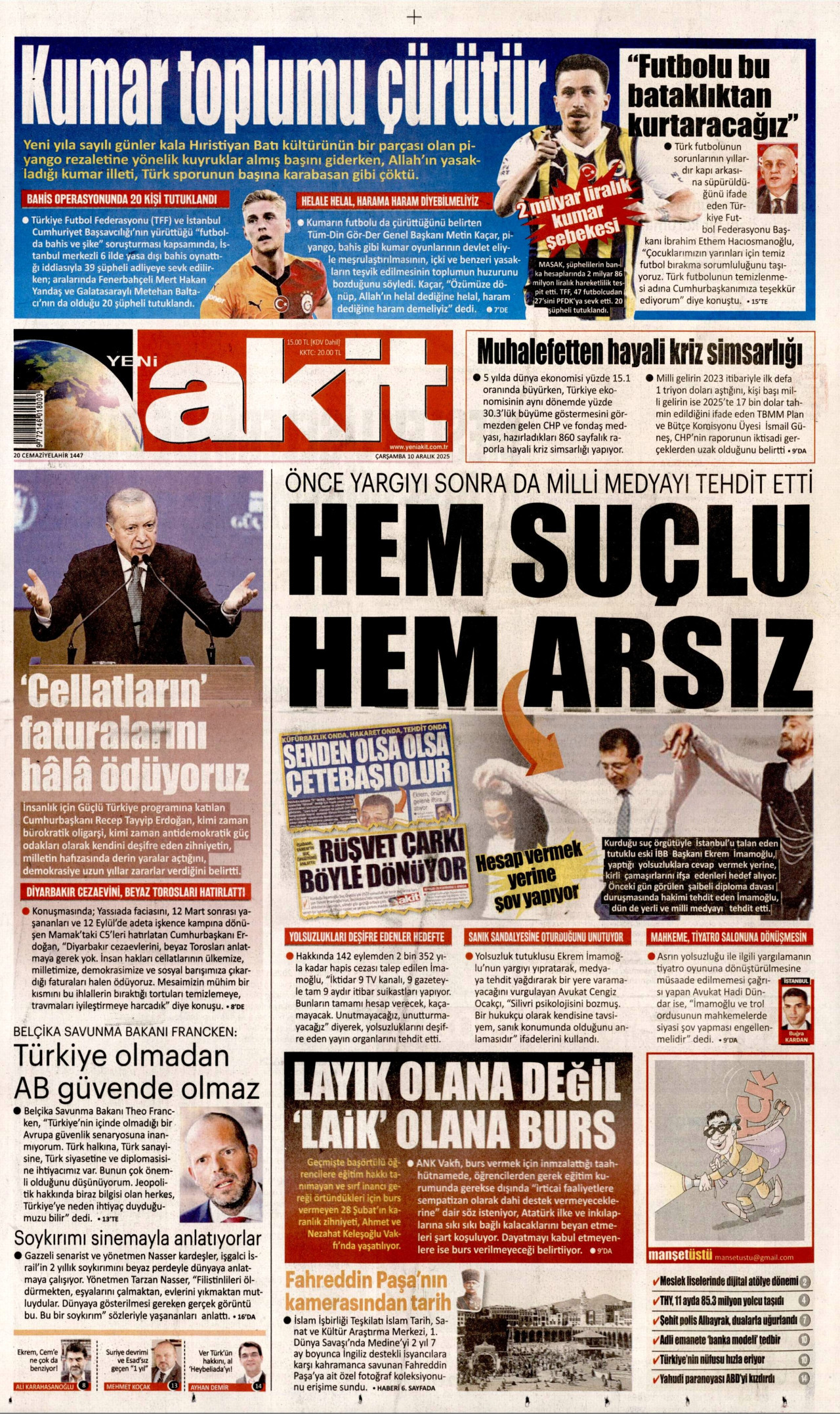 YENİ AKİT gazetesinin 10 Aralık 2025 tarihli birinci sayfası
