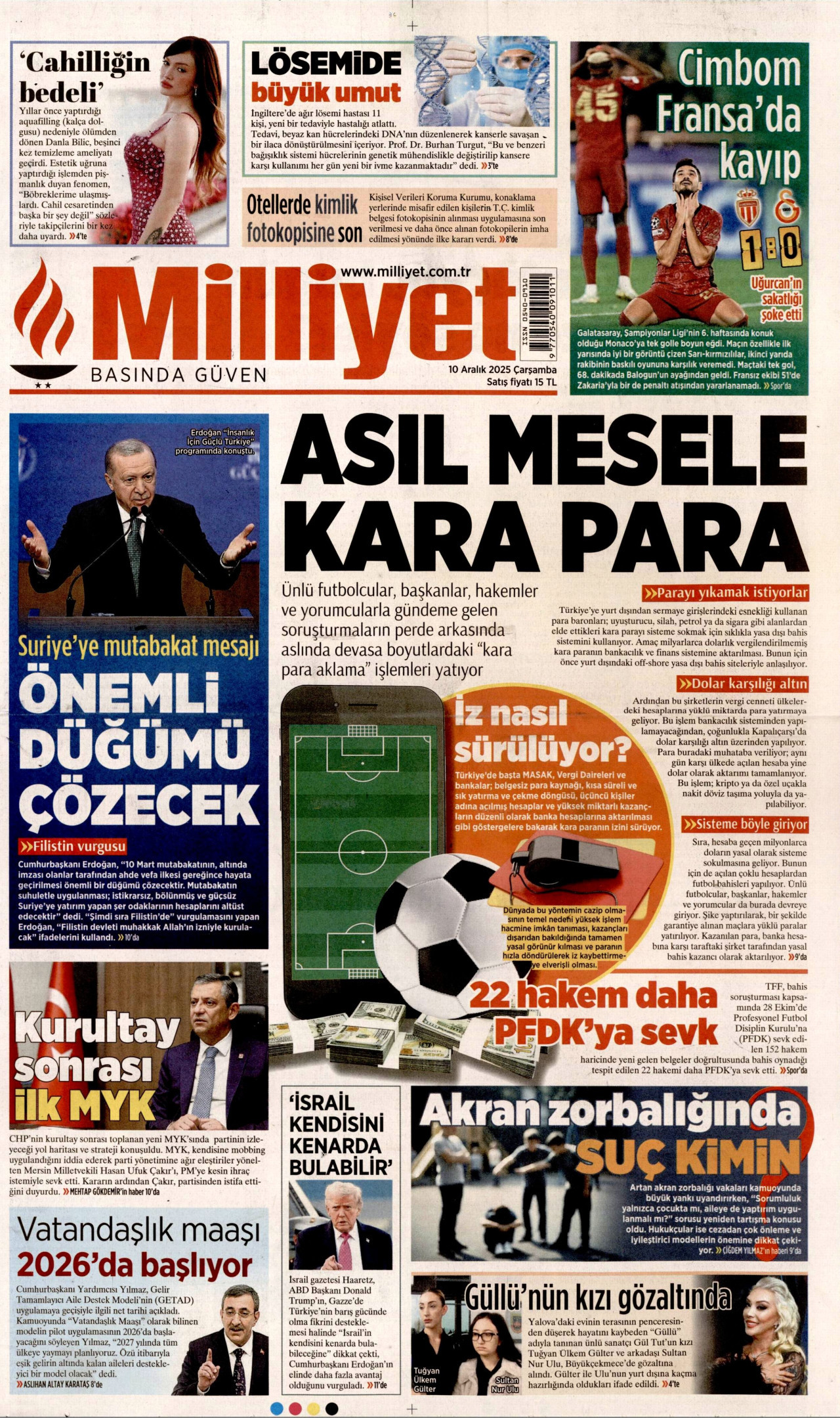 MİLLİYET gazetesinin 10 Aralık 2025 tarihli birinci sayfası