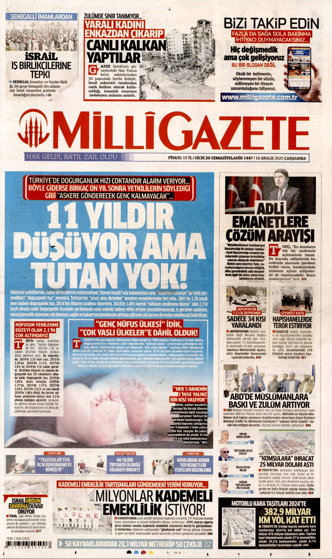 MİLLİ GAZETE gazetesinin 10 Aralık 2025 tarihli birinci sayfası