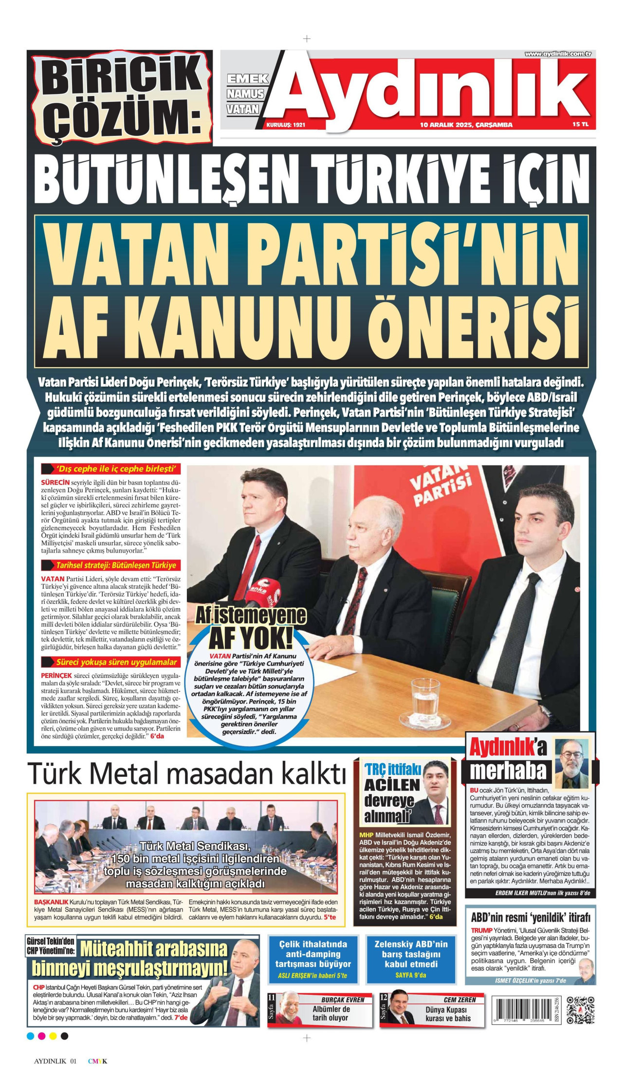 AYDINLIK GAZETESİ gazetesinin 10 Aralık 2025 tarihli birinci sayfası