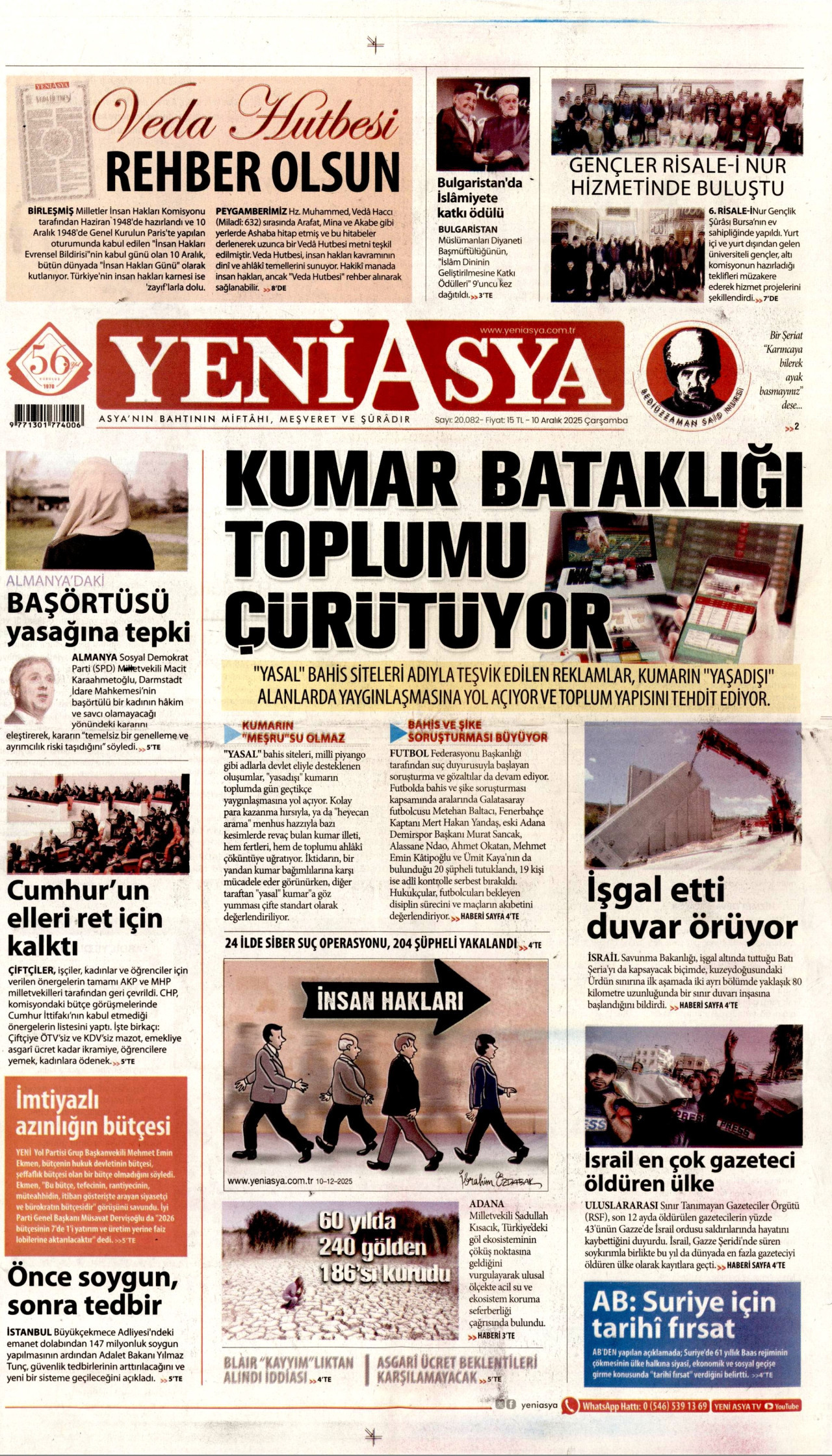 YENİ ASYA gazetesinin 10 Aralık 2025 tarihli birinci sayfası