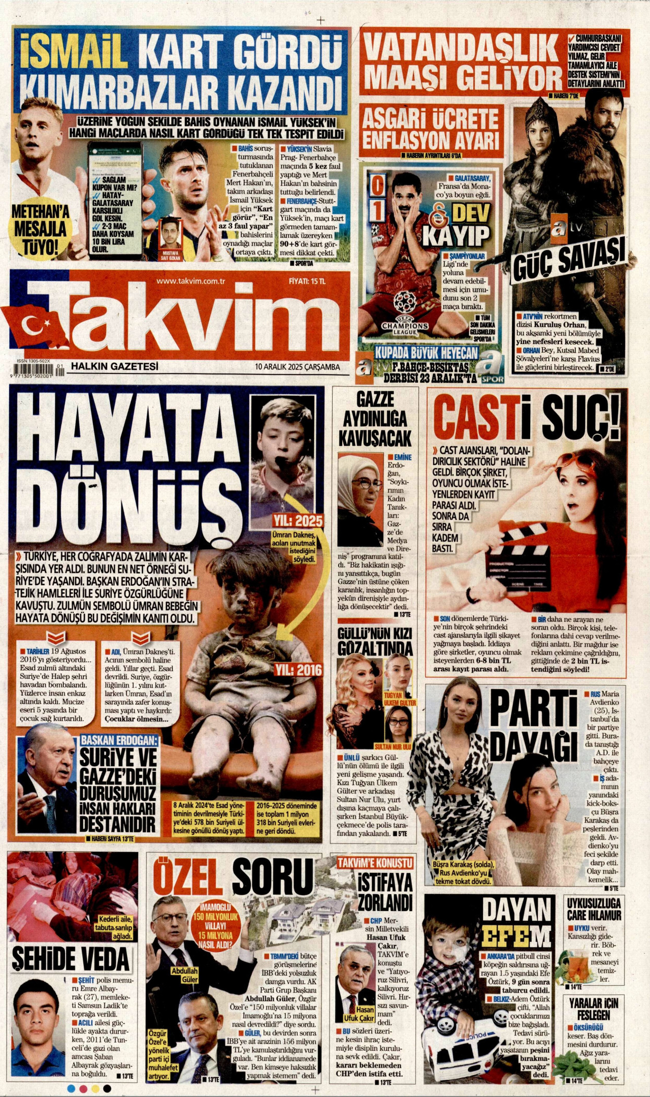 TAKVİM gazetesinin 10 Aralık 2025 tarihli birinci sayfası