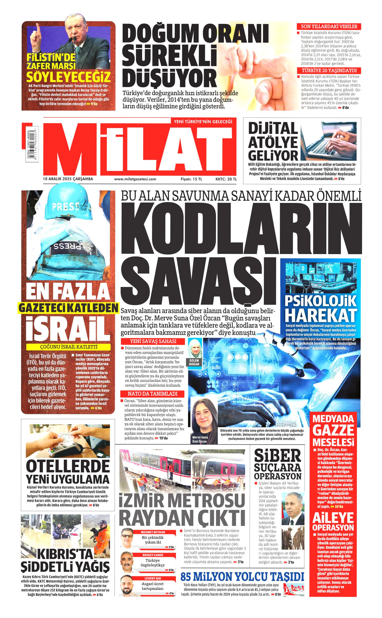 MİLAT gazetesinin 10 Aralık 2025 tarihli birinci sayfası