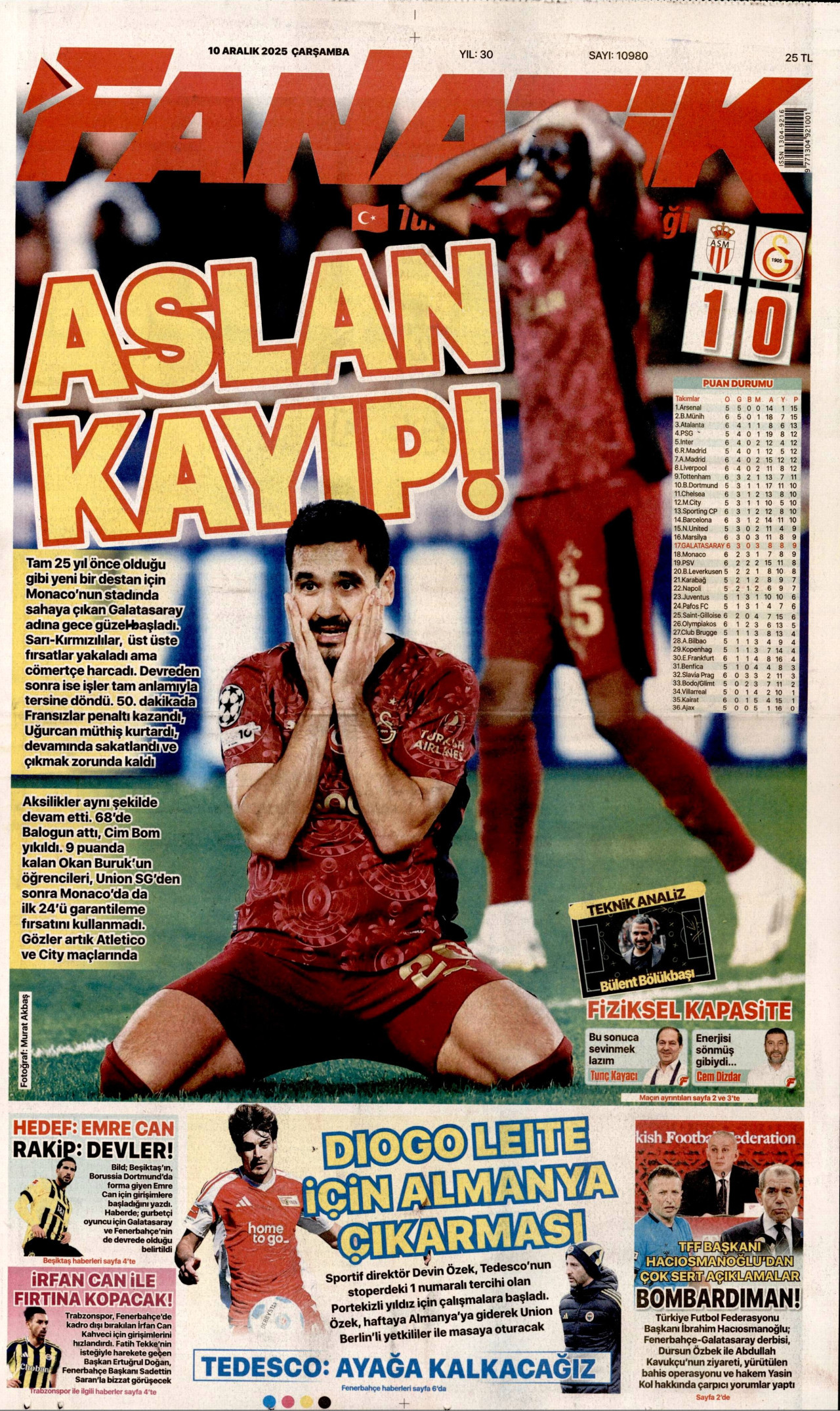 FANATİK gazetesinin 10 Aralık 2025 tarihli birinci sayfası