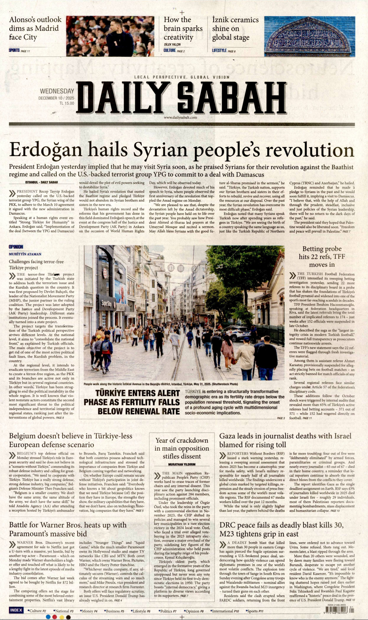 DAİLY SABAH gazetesinin 10 Aralık 2025 tarihli birinci sayfası