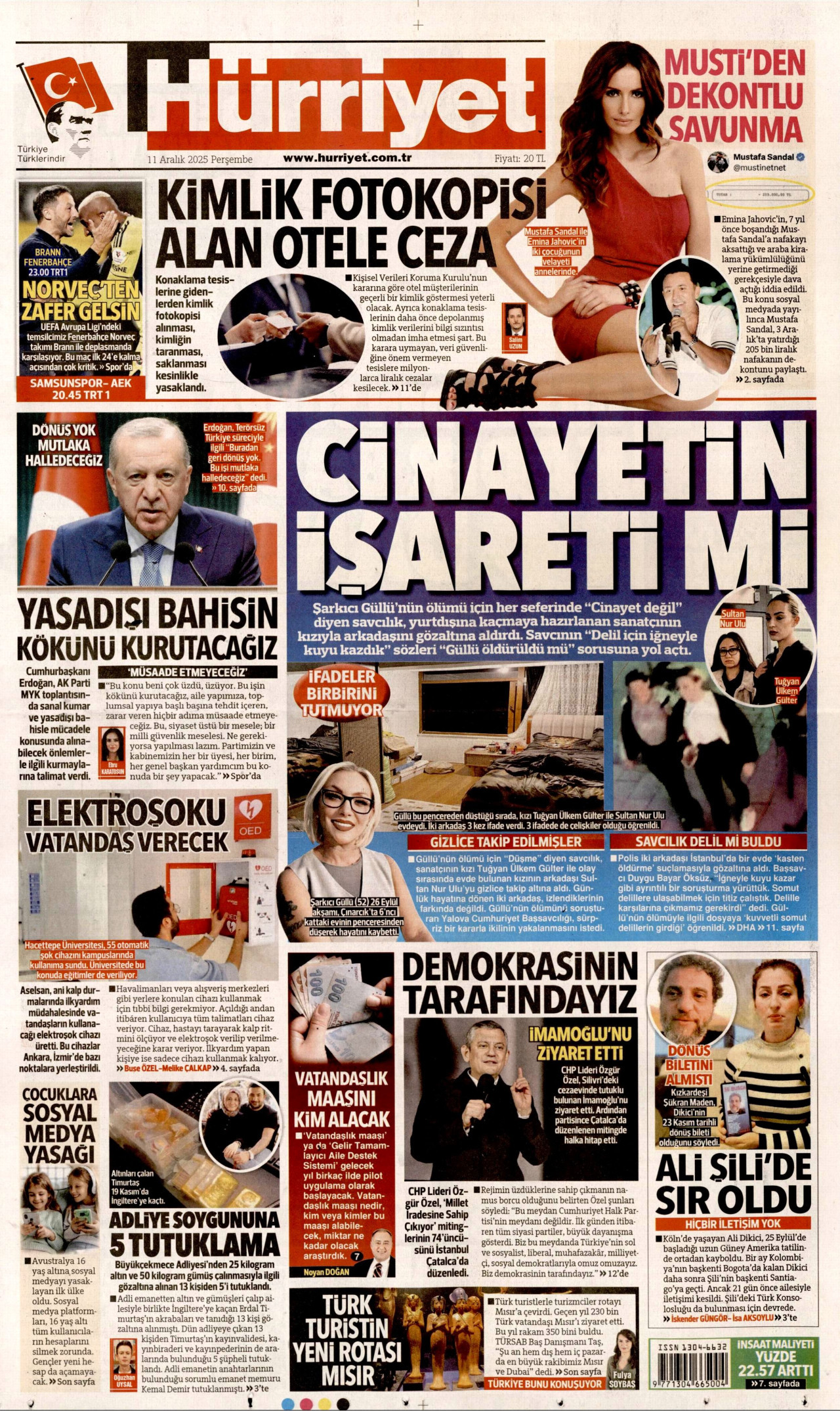 HÜRRİYET gazetesinin 11 Aralık 2025 tarihli birinci sayfası