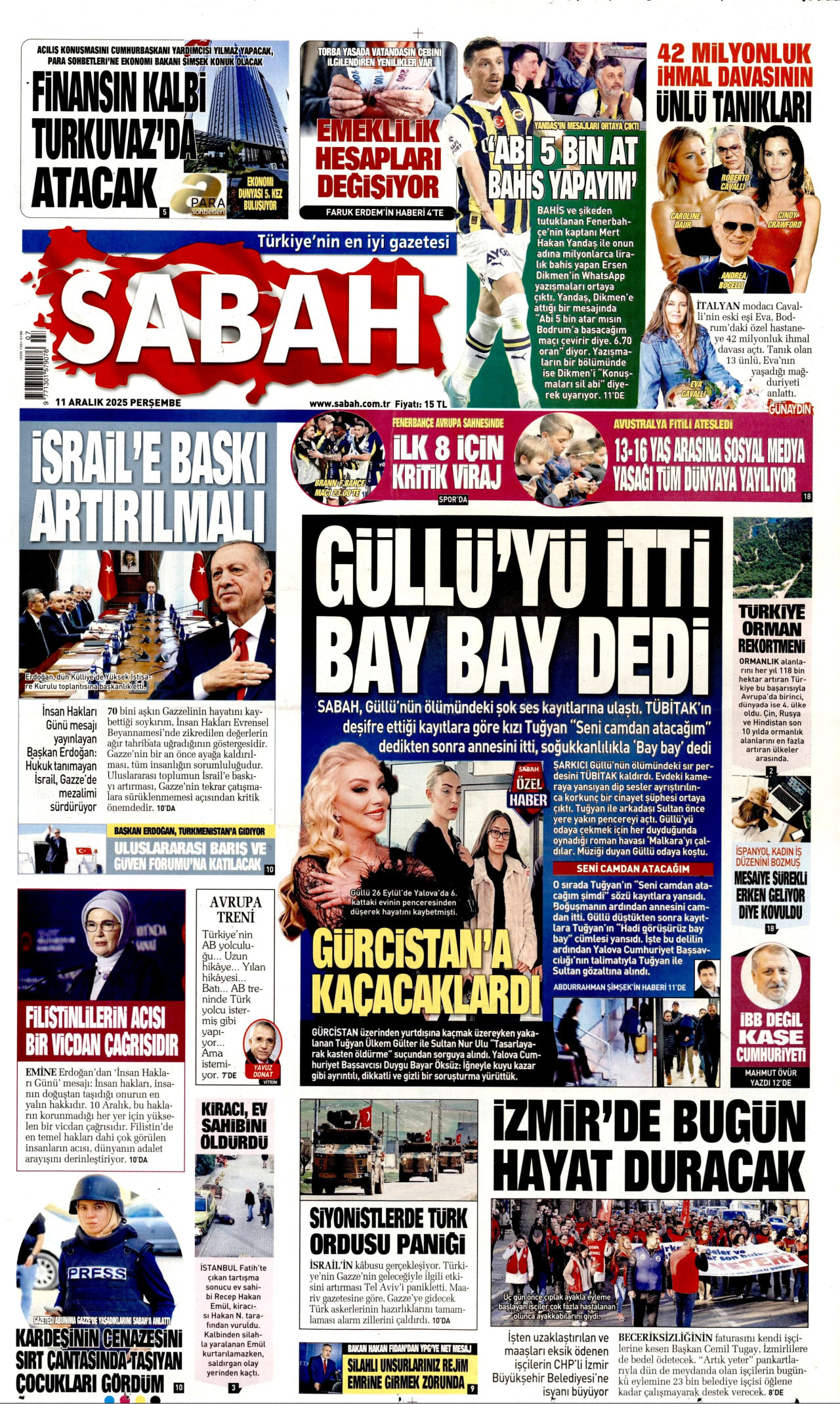 SABAH gazetesinin 11 Aralık 2025 tarihli birinci sayfası