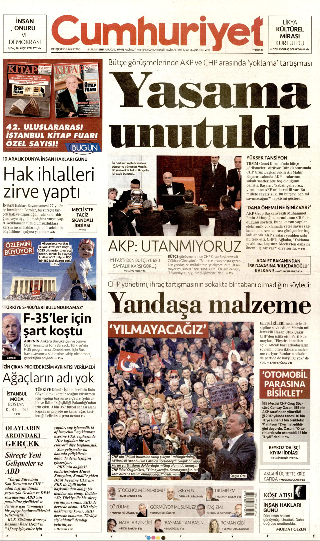 CUMHURİYET gazetesinin 11 Aralık 2025 tarihli birinci sayfası