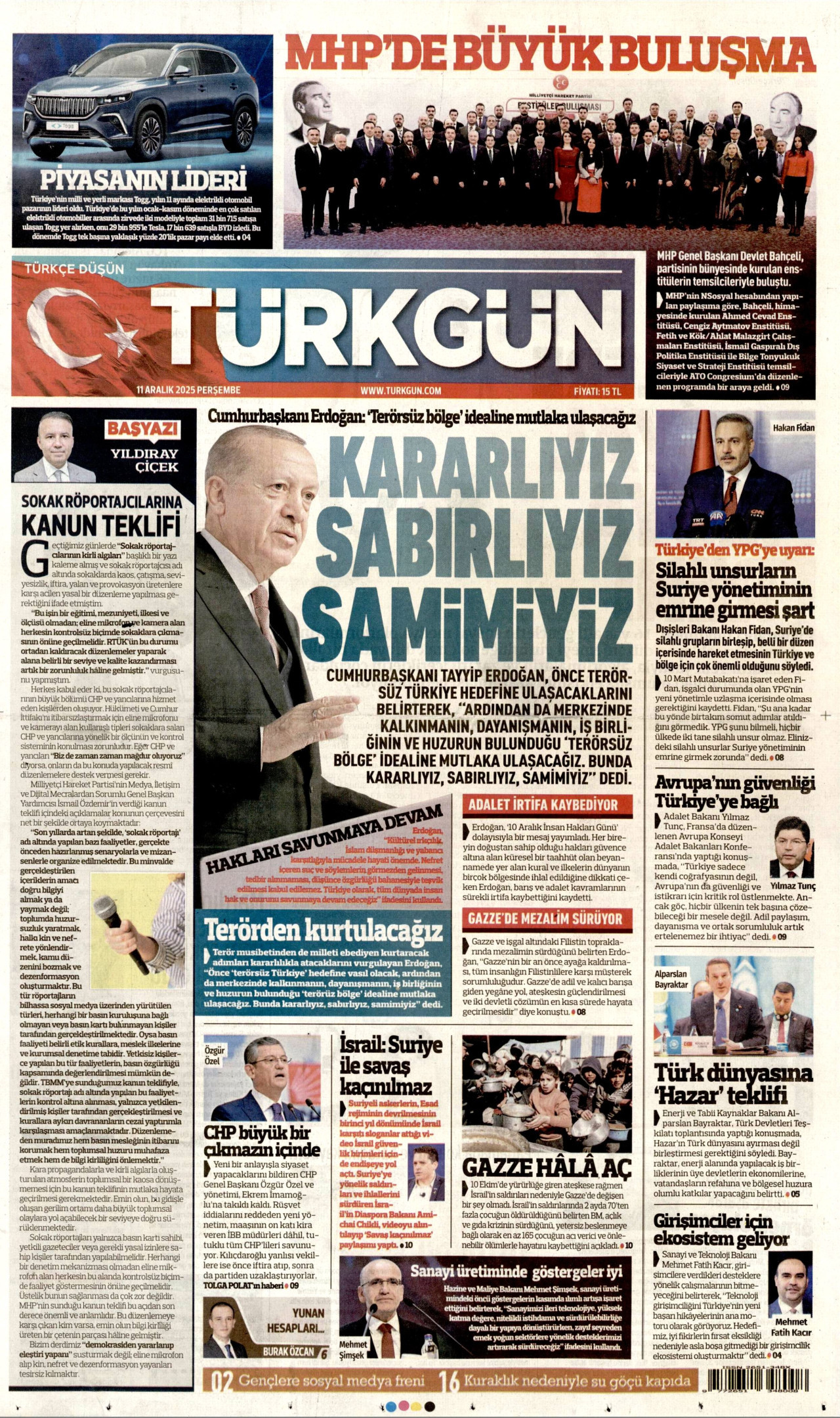 TÜRKGÜN gazetesinin 11 Aralık 2025 tarihli birinci sayfası