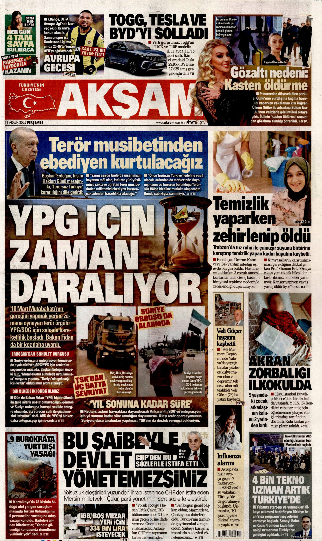 AKŞAM gazetesinin 11 Aralık 2025 tarihli birinci sayfası
