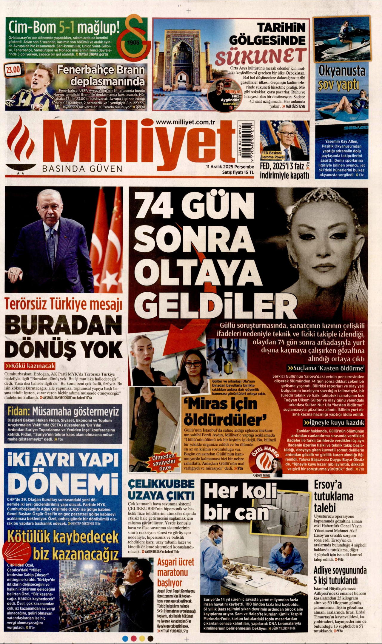 MİLLİYET gazetesinin 11 Aralık 2025 tarihli birinci sayfası