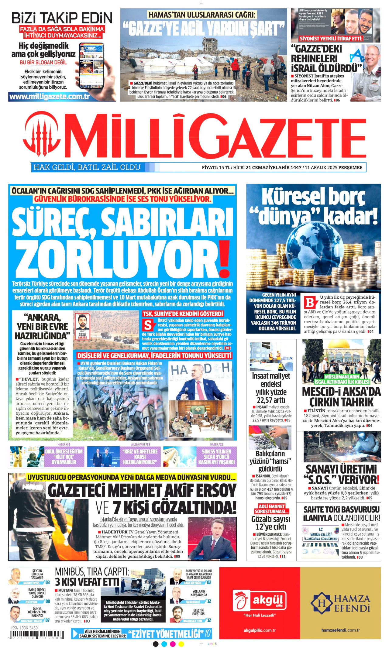 MİLLİ GAZETE gazetesinin 11 Aralık 2025 tarihli birinci sayfası