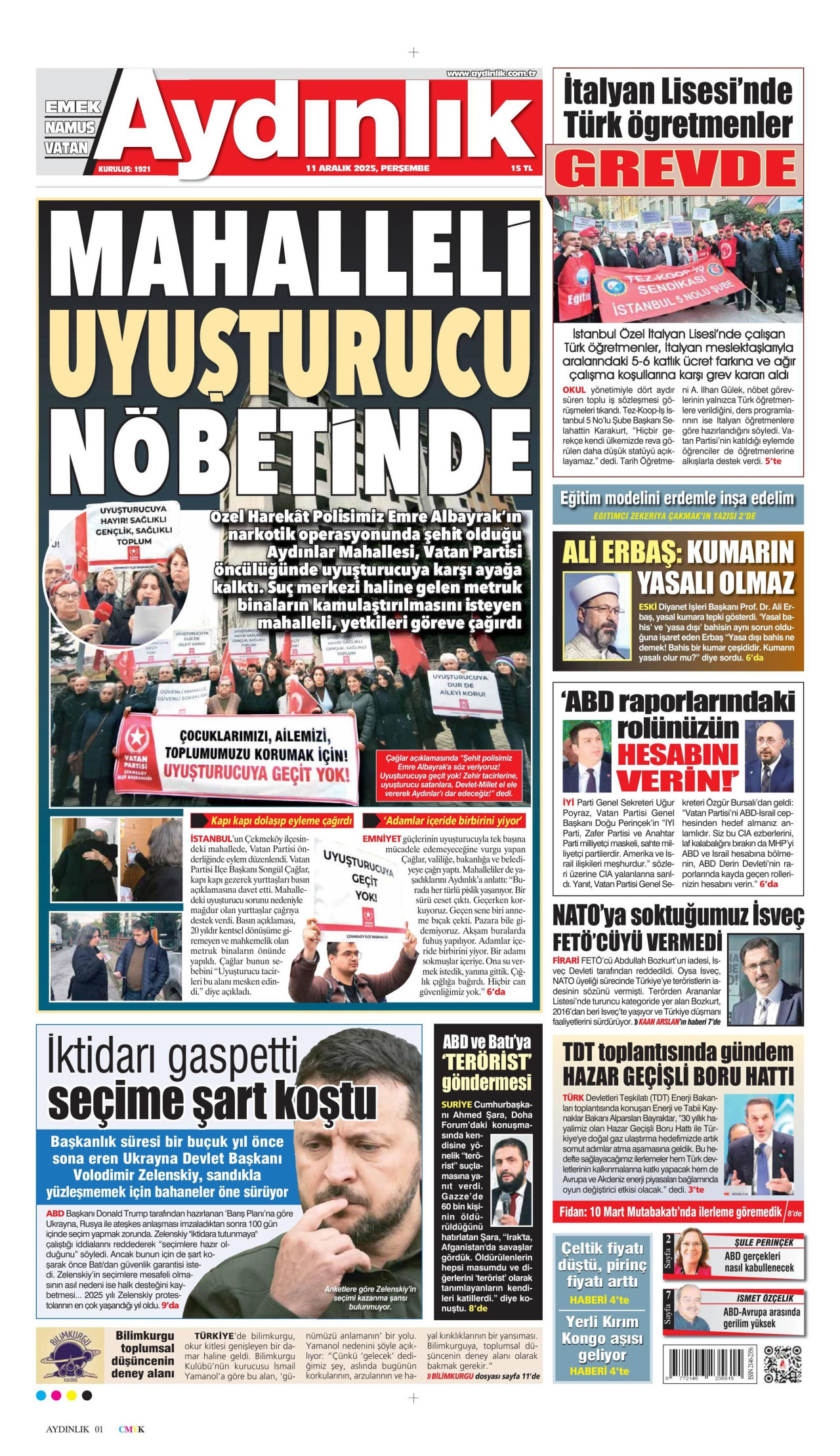AYDINLIK GAZETESİ gazetesinin 11 Aralık 2025 tarihli birinci sayfası