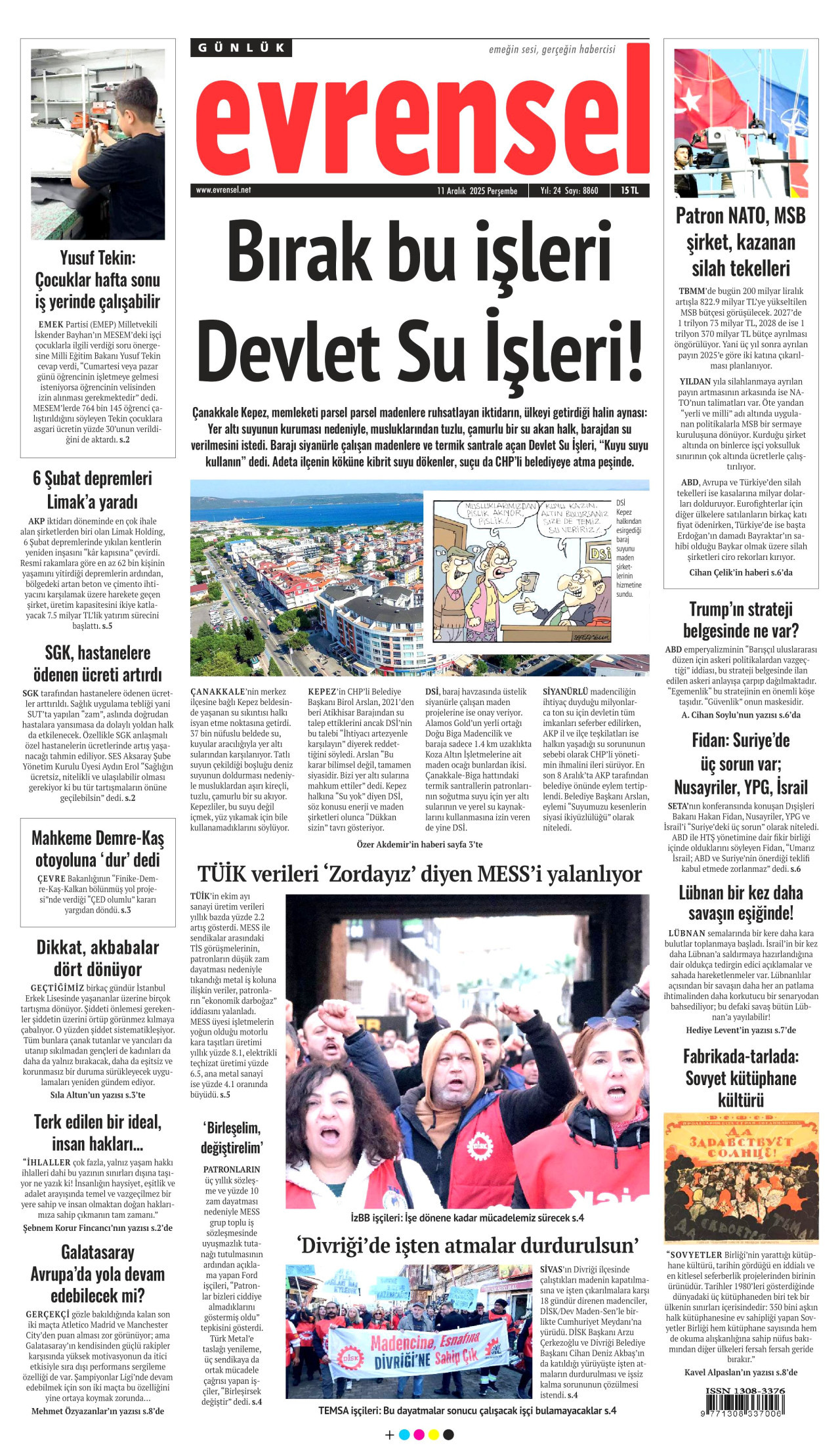 EVRENSEL gazetesinin 11 Aralık 2025 tarihli birinci sayfası