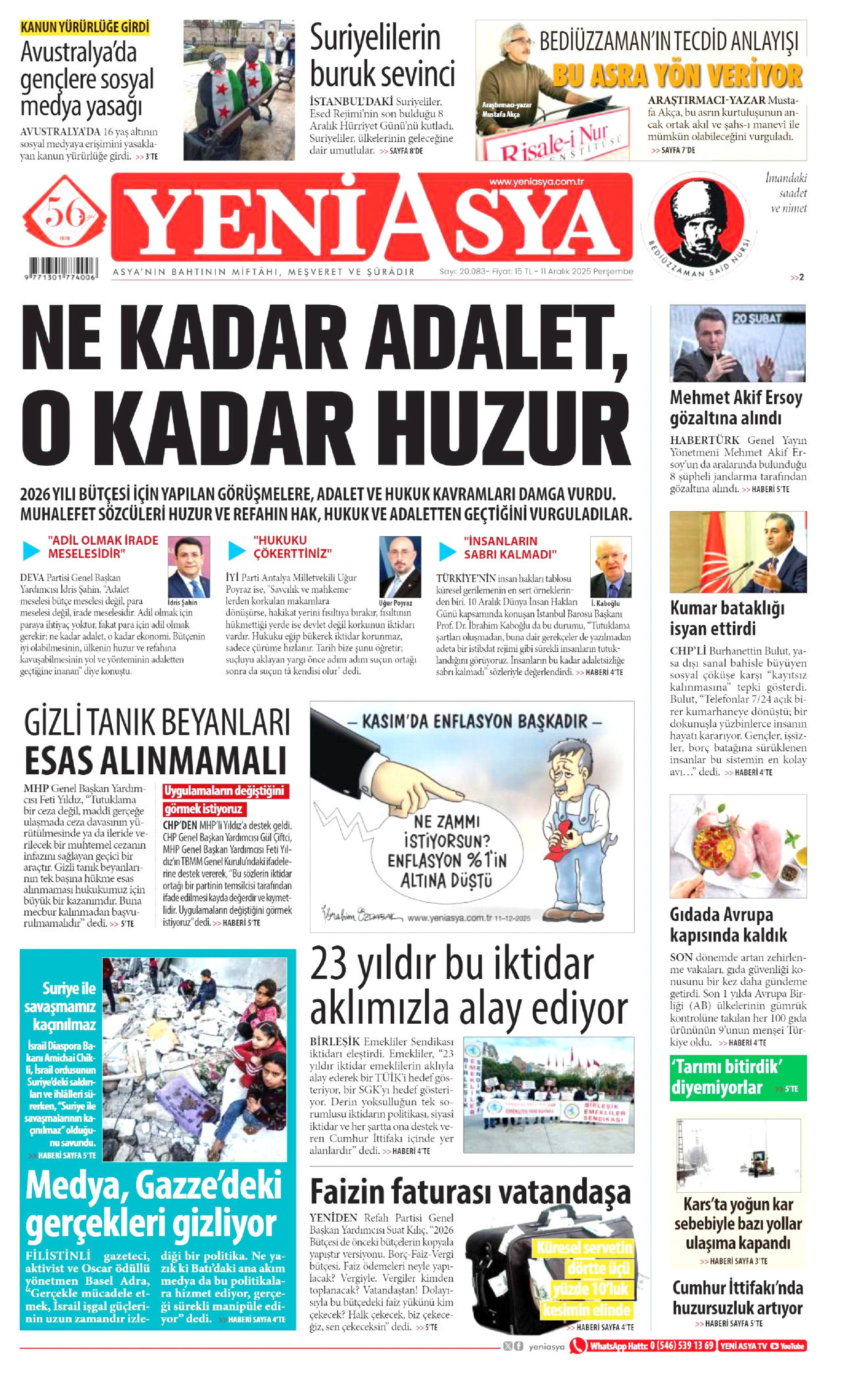 YENİ ASYA gazetesinin 11 Aralık 2025 tarihli birinci sayfası