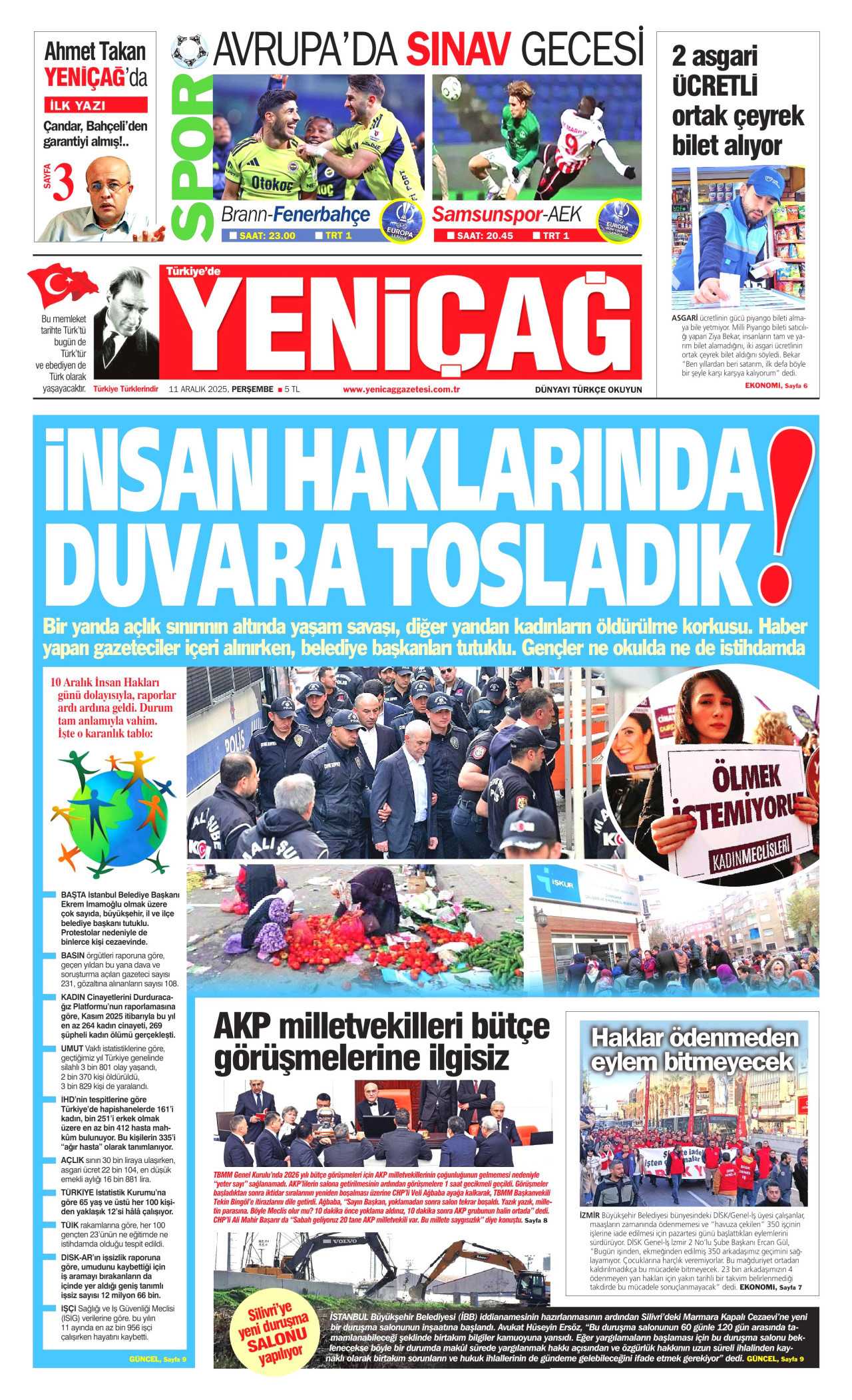YENİÇAĞ gazetesinin 11 Aralık 2025 tarihli birinci sayfası