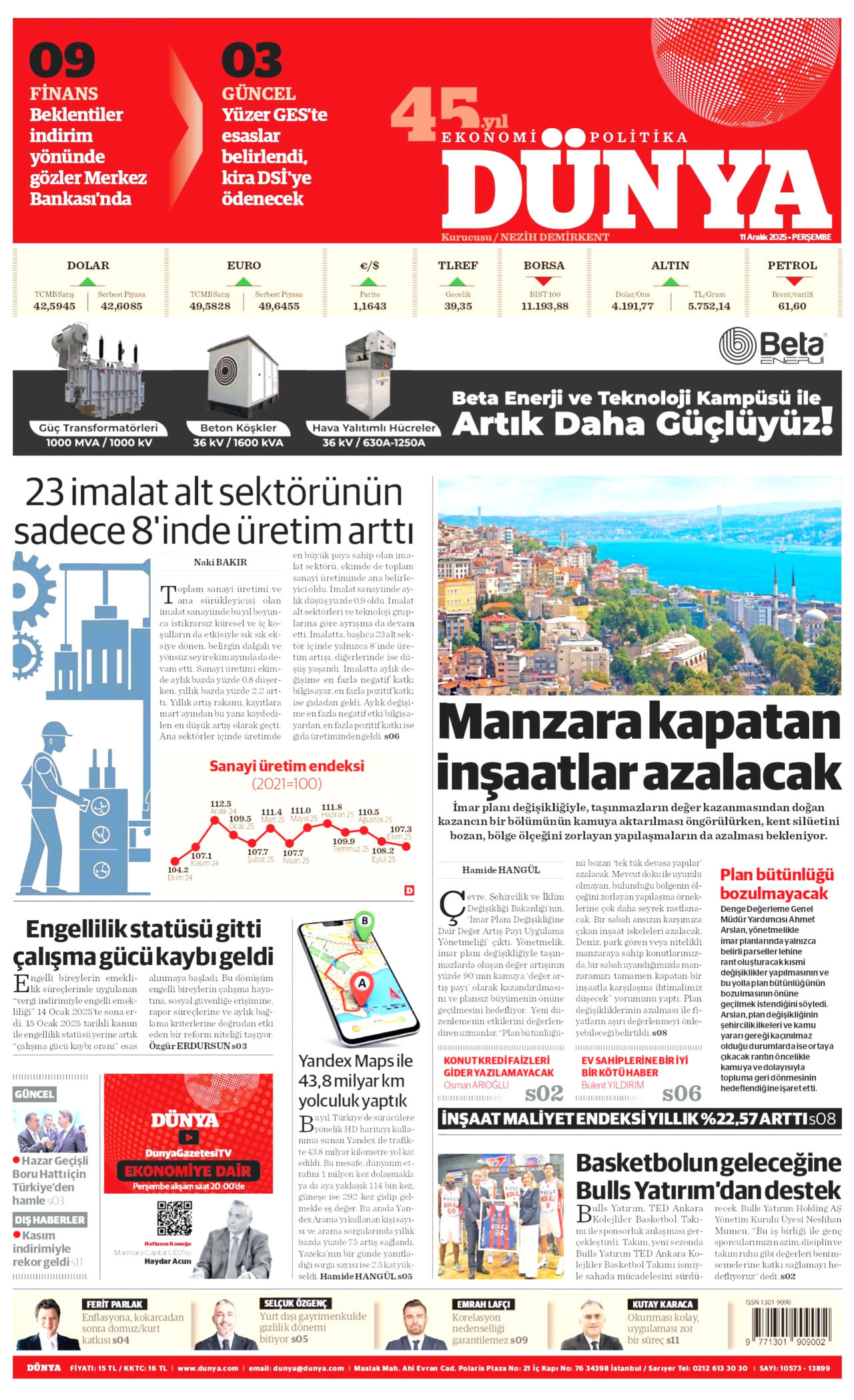 DÜNYA gazetesinin 11 Aralık 2025 tarihli birinci sayfası