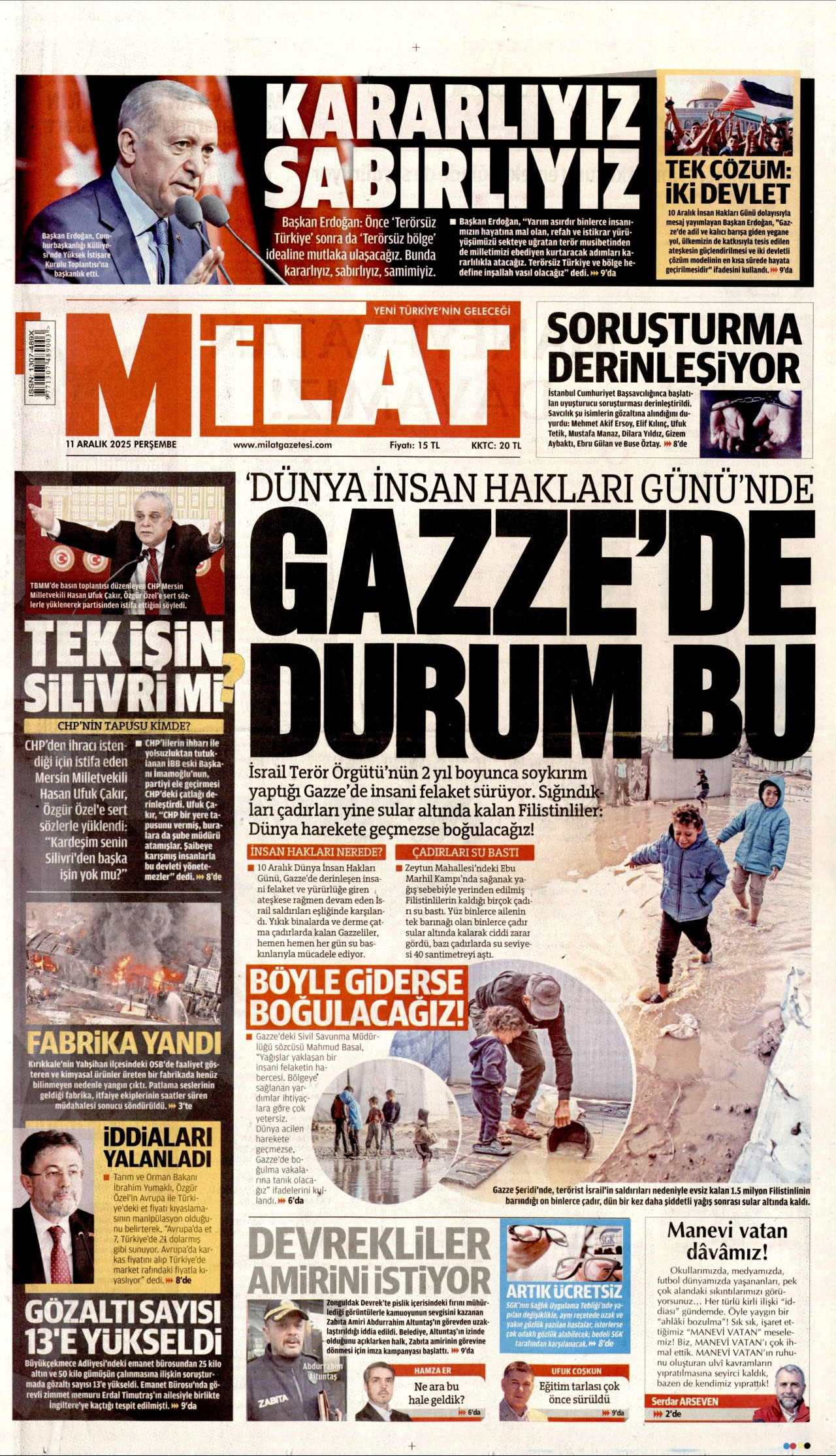 MİLAT gazetesinin 11 Aralık 2025 tarihli birinci sayfası