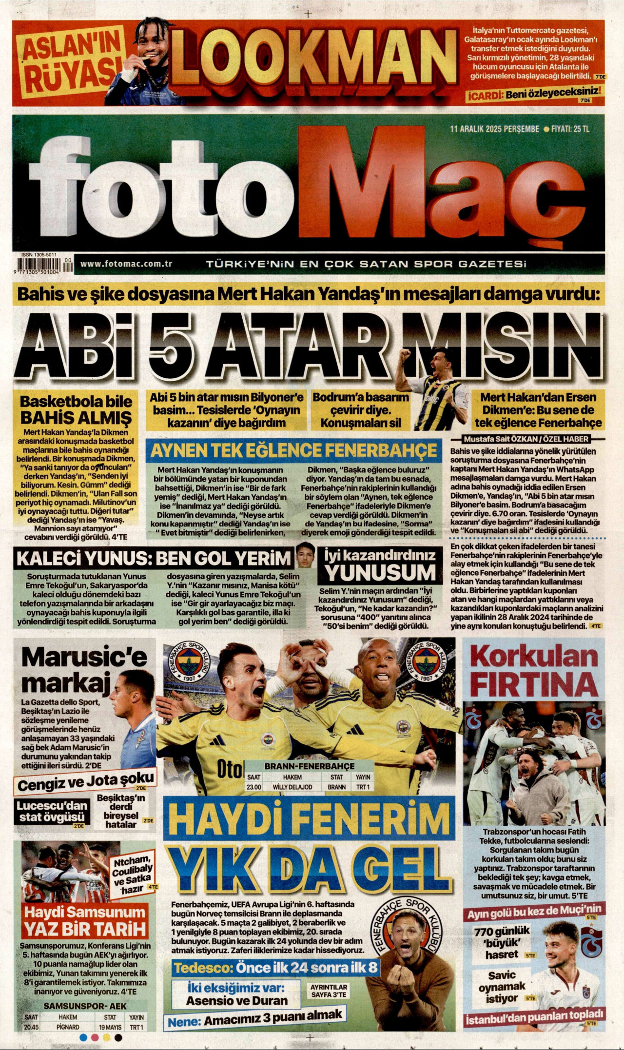 FOTOMAÇ gazetesinin 11 Aralık 2025 tarihli birinci sayfası