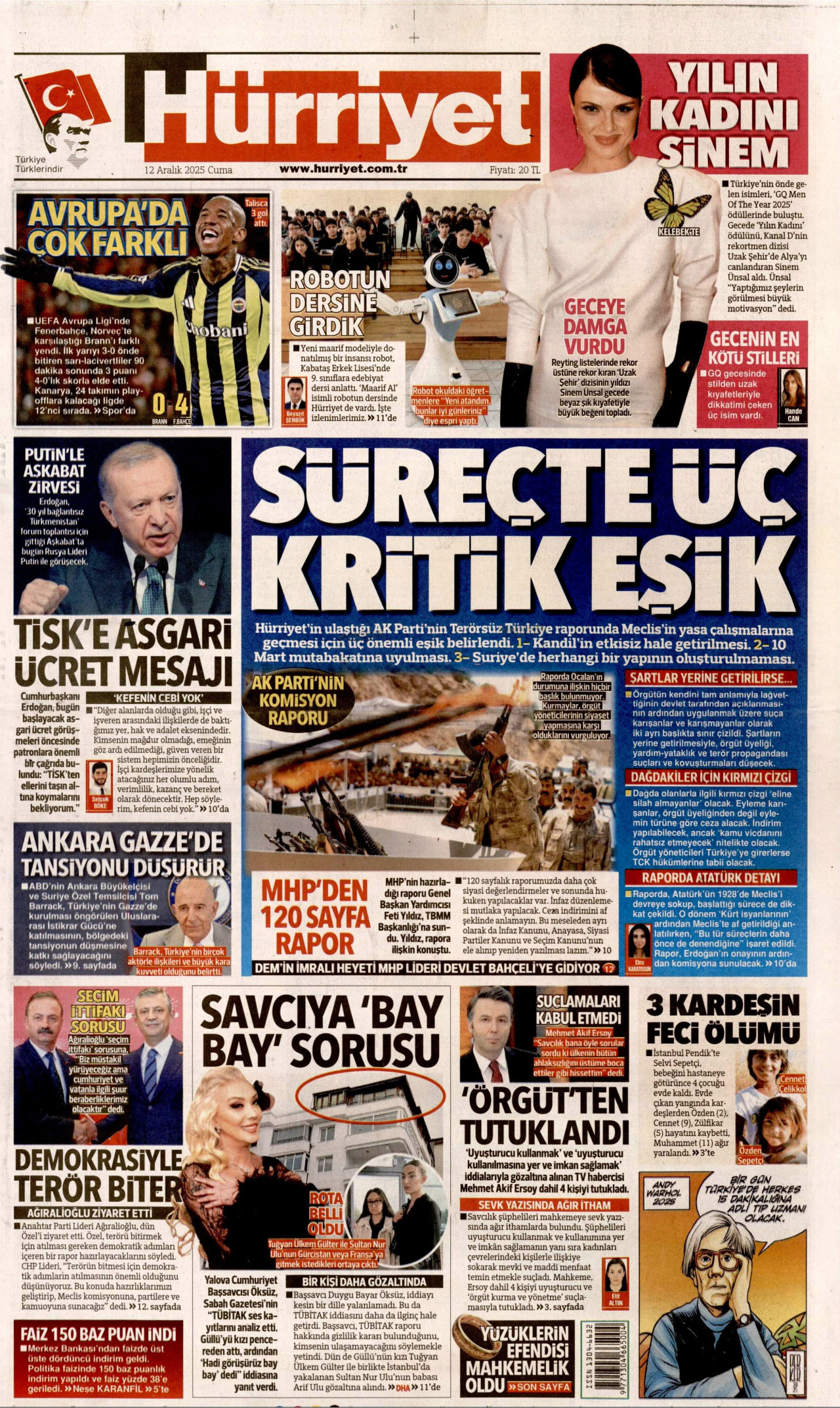 HÜRRİYET gazetesinin 12 Aralık 2025 tarihli birinci sayfası