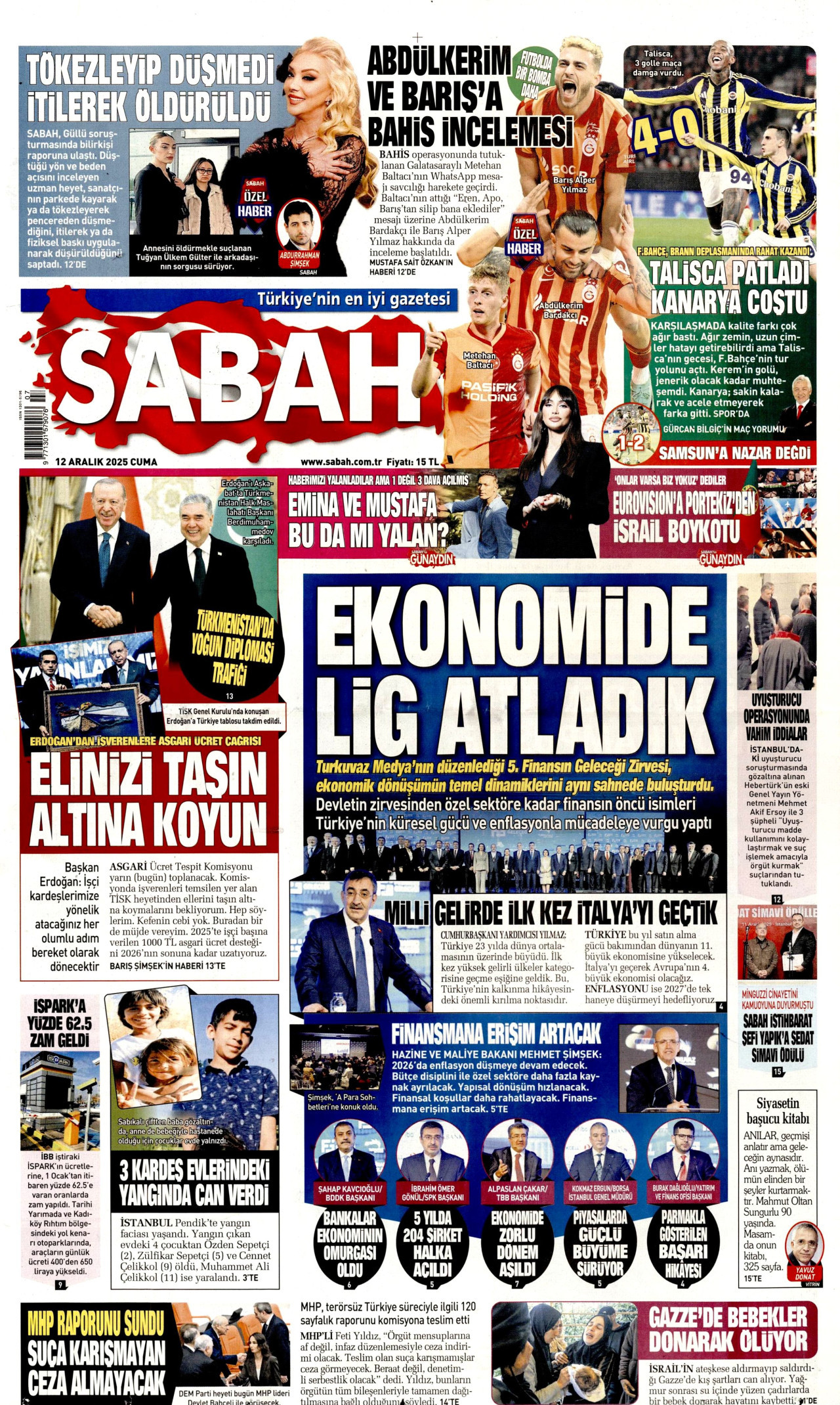SABAH gazetesinin 12 Aralık 2025 tarihli birinci sayfası