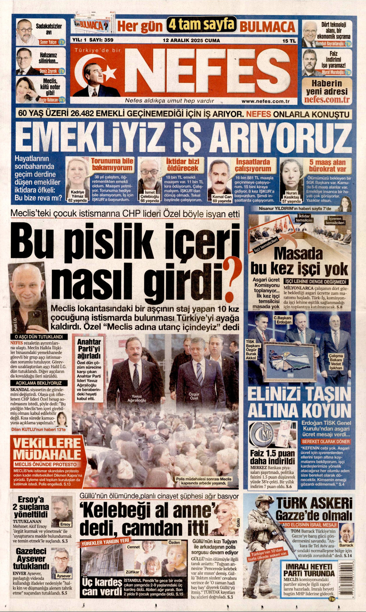 NEFES gazetesinin 12 Aralık 2025 tarihli birinci sayfası