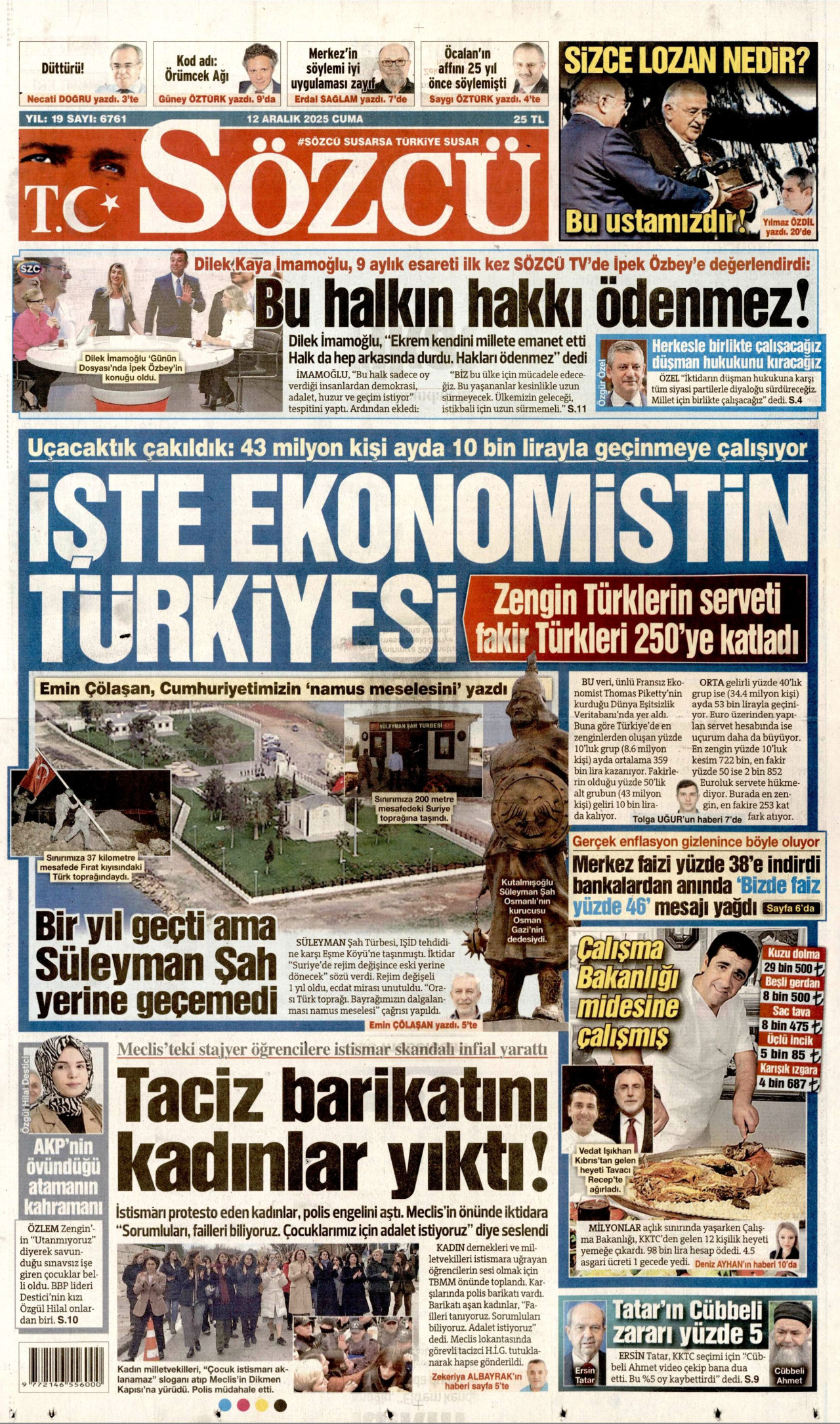 SÖZCÜ gazetesinin 12 Aralık 2025 tarihli birinci sayfası