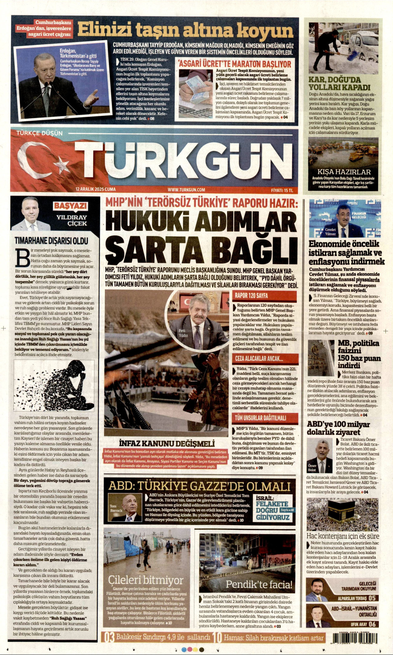 TÜRKGÜN gazetesinin 12 Aralık 2025 tarihli birinci sayfası