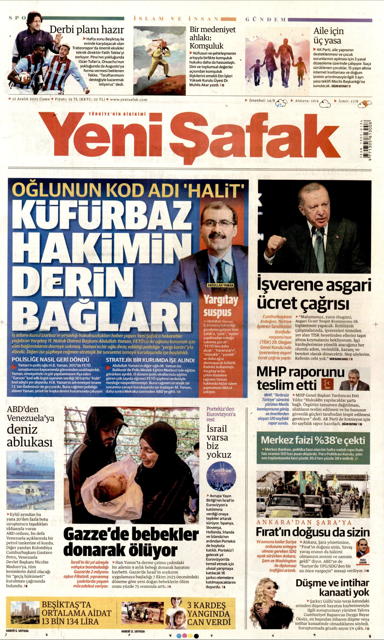 YENİ ŞAFAK gazetesinin 12 Aralık 2025 tarihli birinci sayfası
