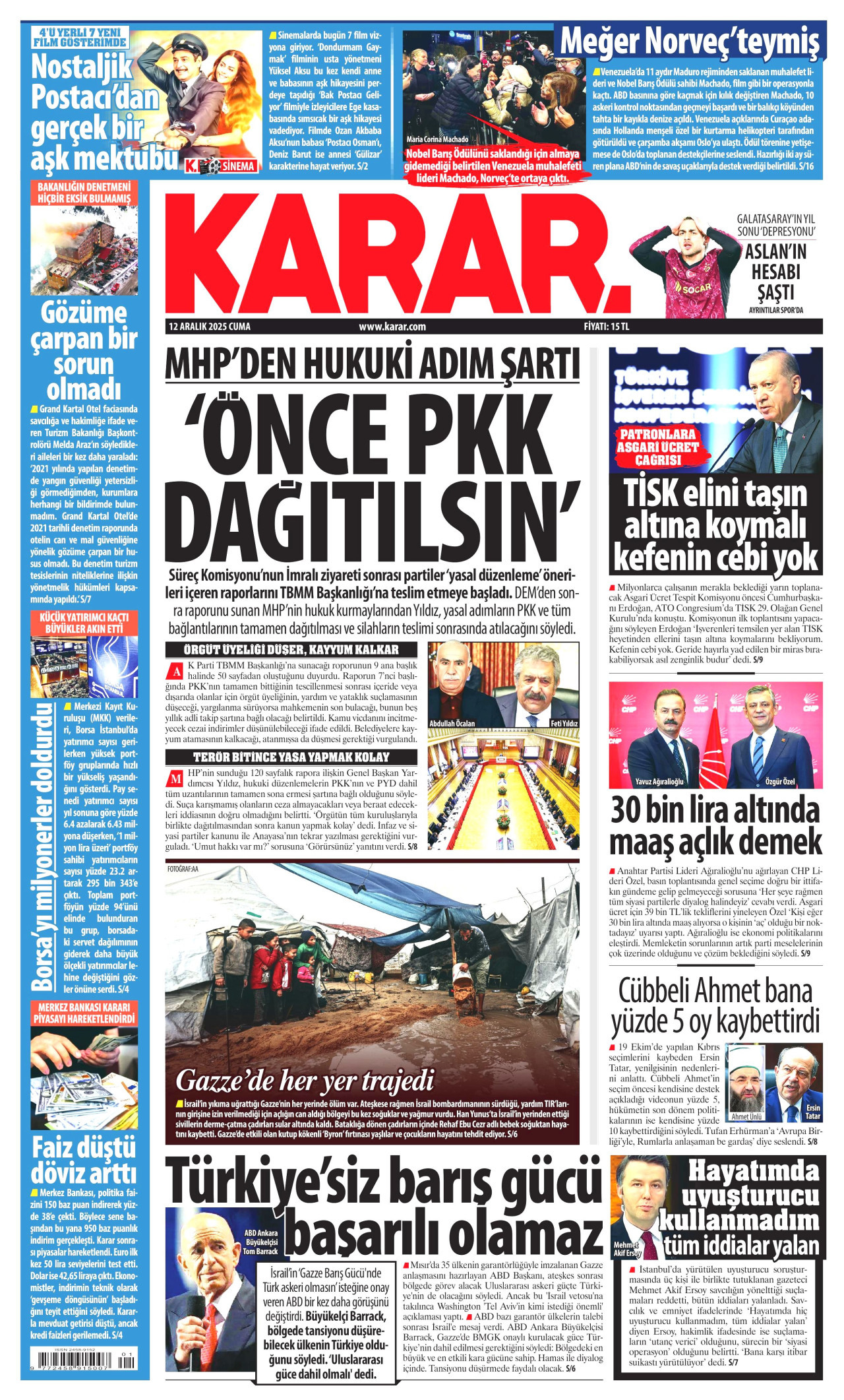 KARAR gazetesinin 12 Aralık 2025 tarihli birinci sayfası