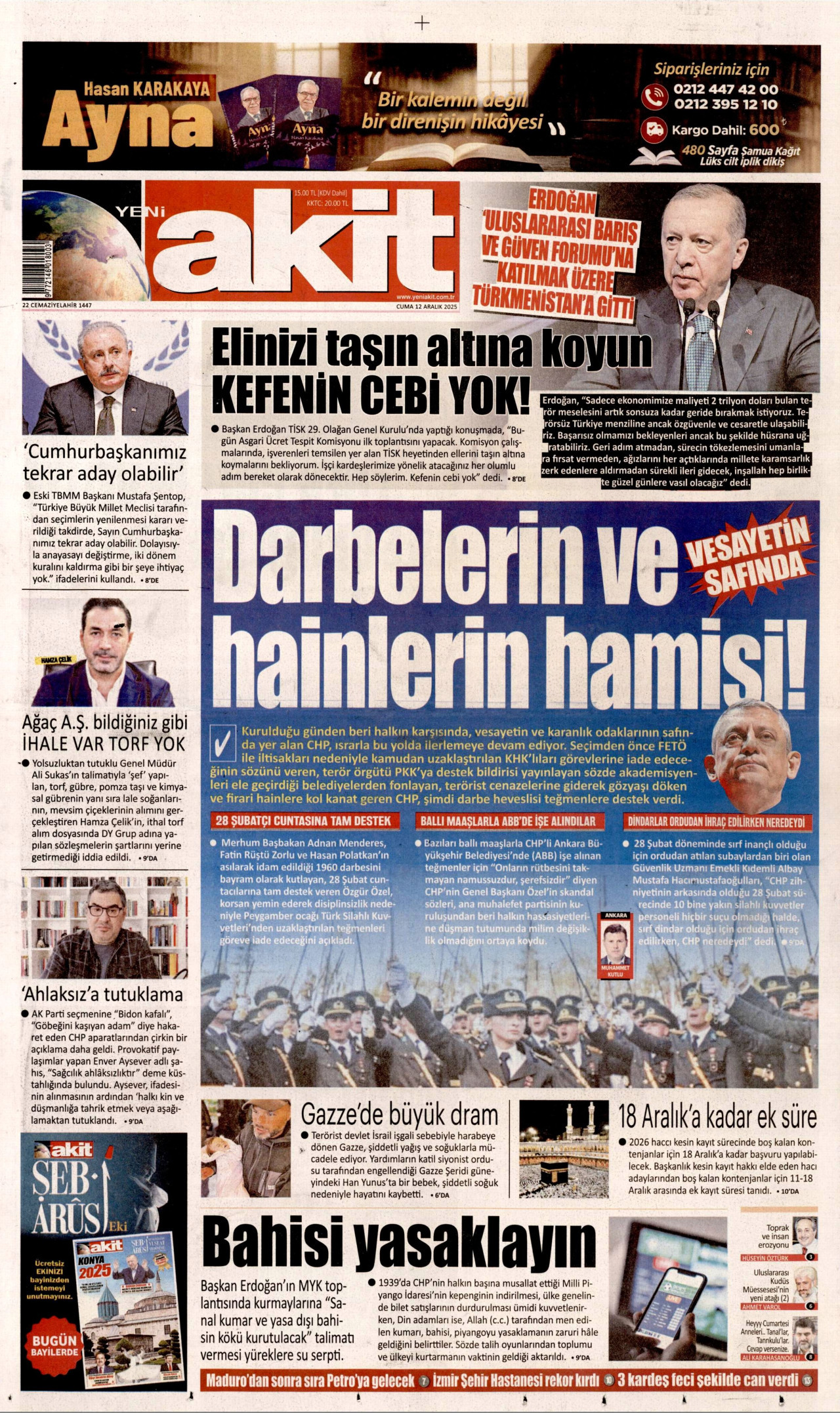 YENİ AKİT gazetesinin 12 Aralık 2025 tarihli birinci sayfası