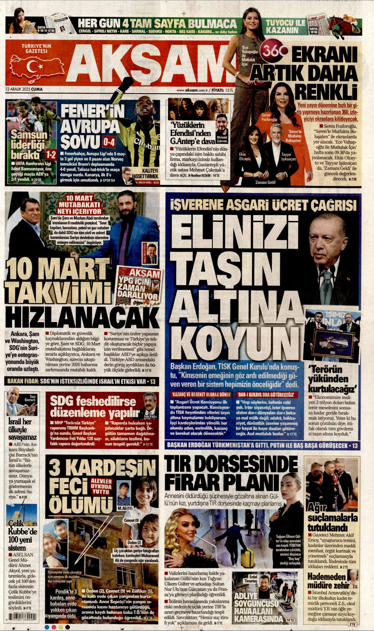 AKŞAM gazetesinin 12 Aralık 2025 tarihli birinci sayfası