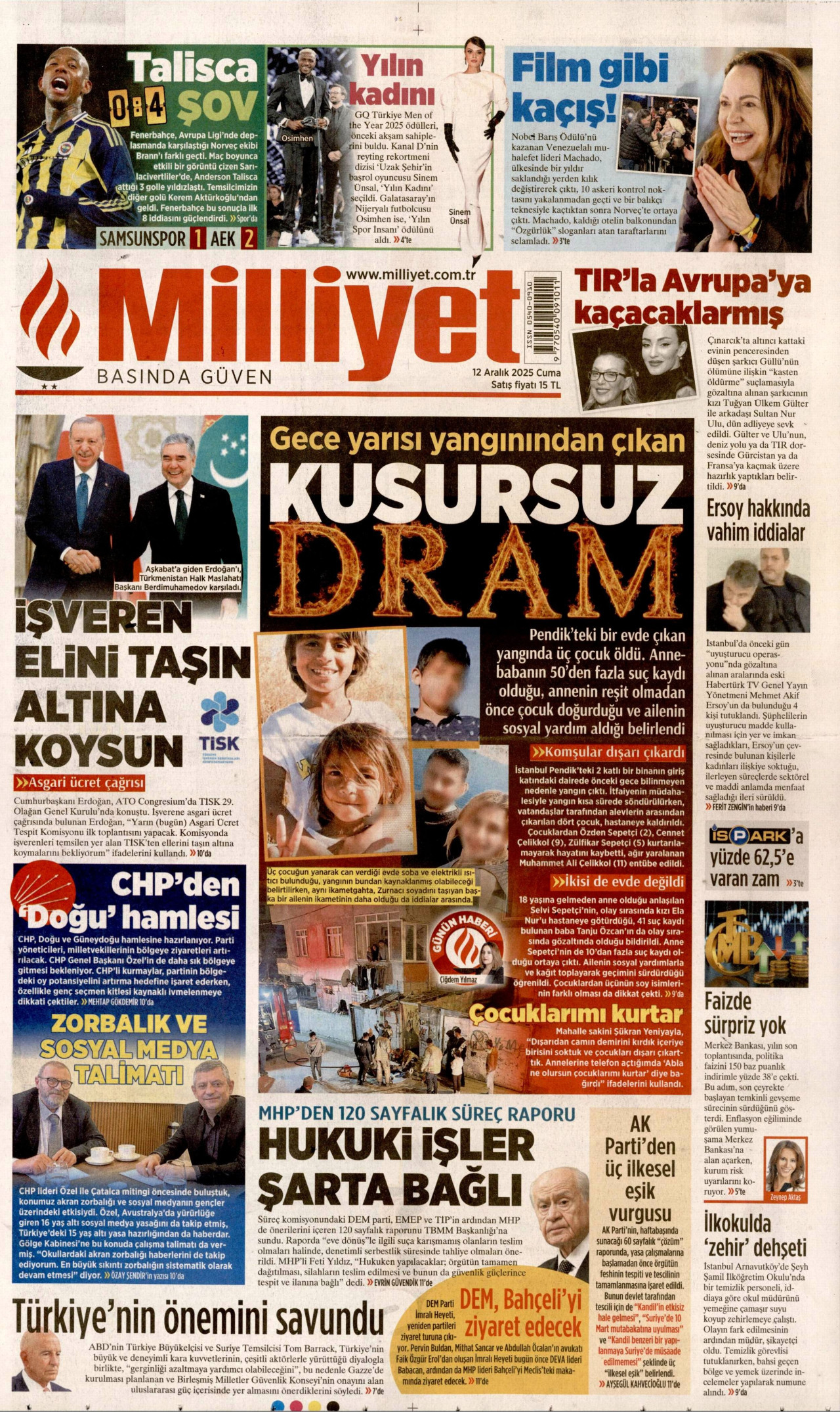 MİLLİYET gazetesinin 12 Aralık 2025 tarihli birinci sayfası