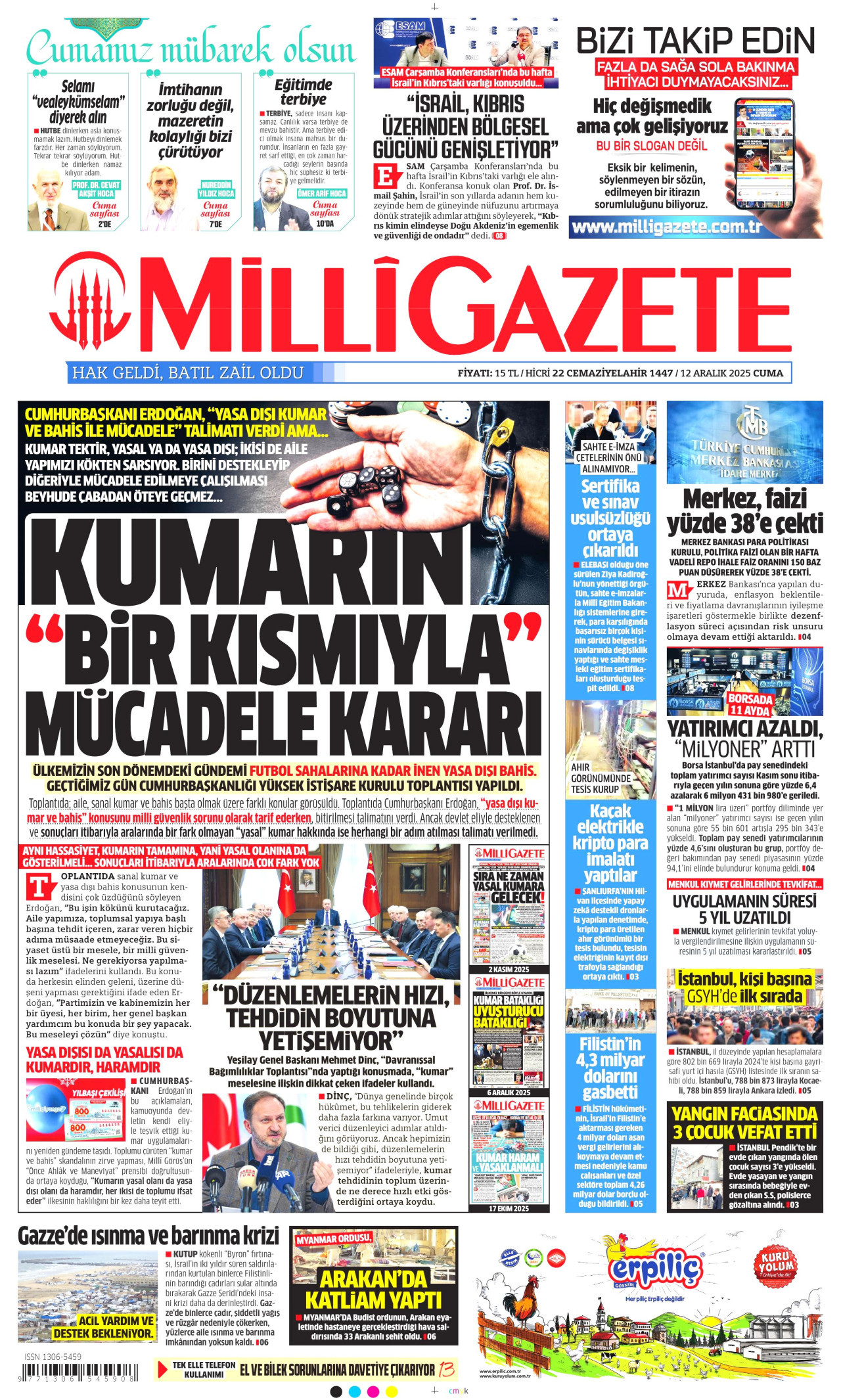 MİLLİ GAZETE gazetesinin 12 Aralık 2025 tarihli birinci sayfası