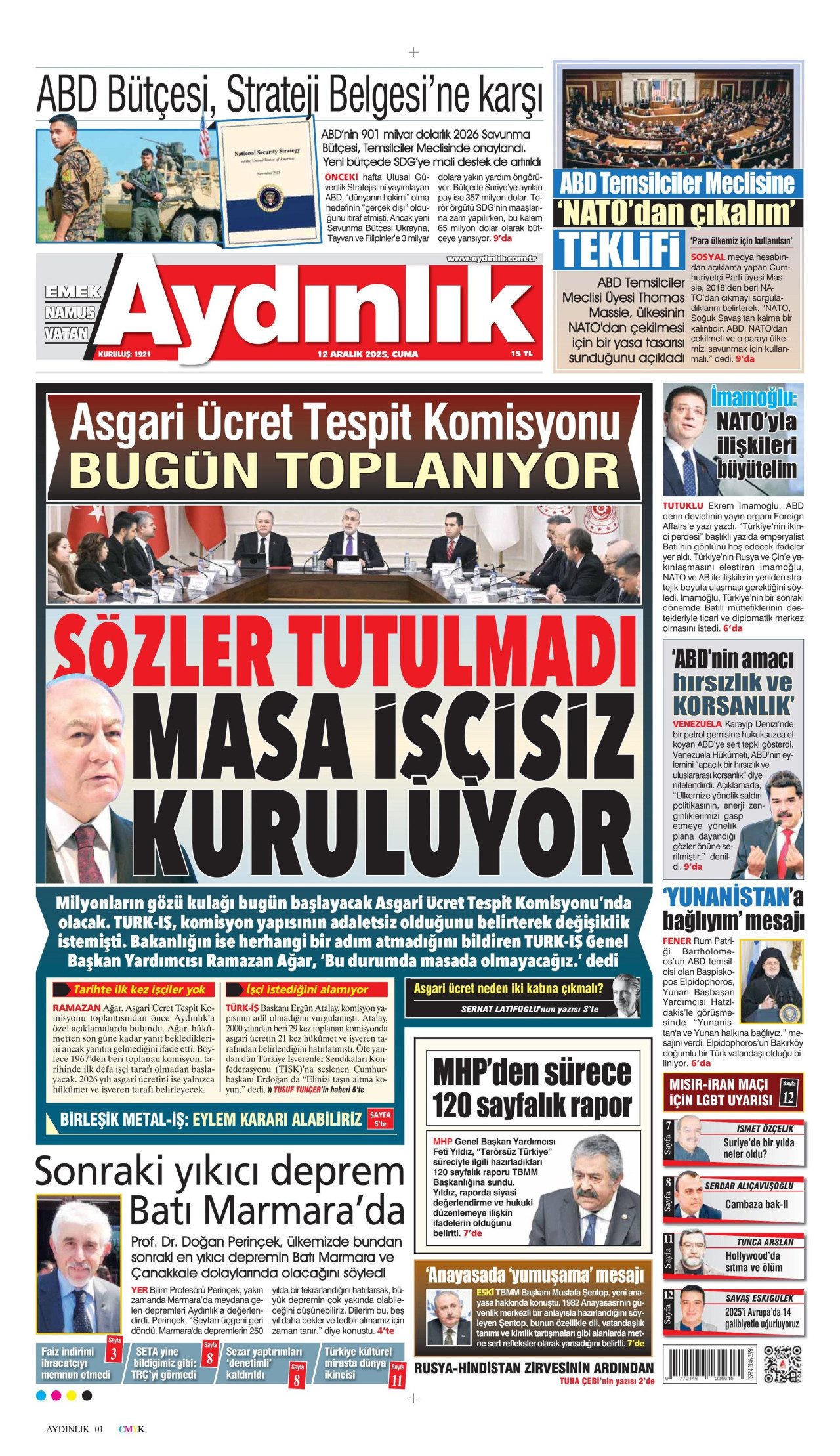 AYDINLIK GAZETESİ gazetesinin 12 Aralık 2025 tarihli birinci sayfası