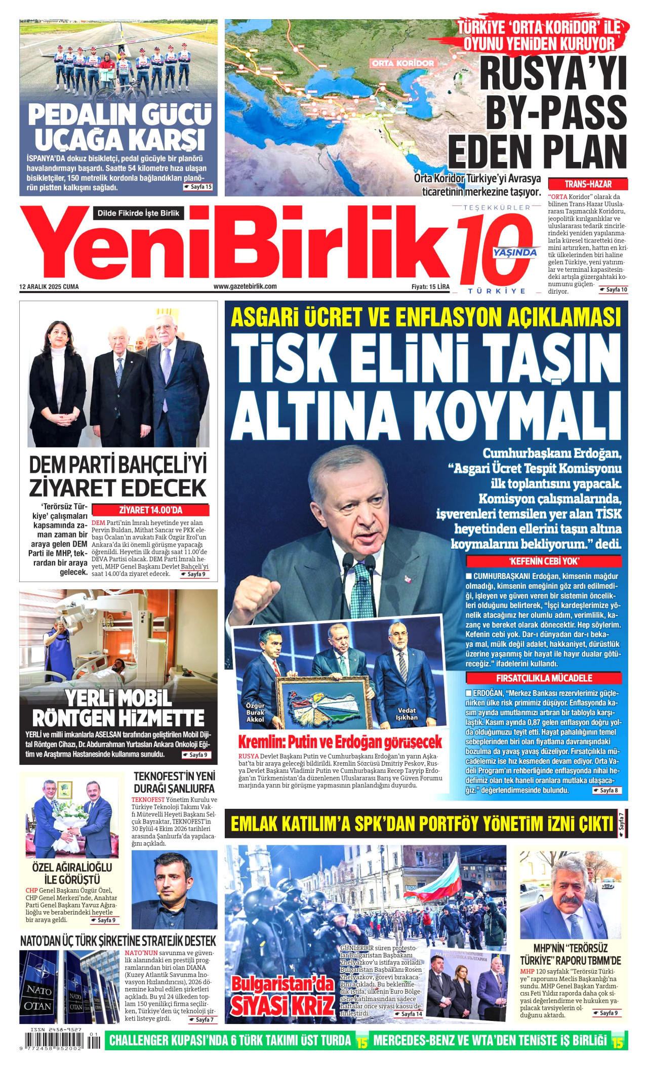 YENİBİRLİK gazetesinin 12 Aralık 2025 tarihli birinci sayfası