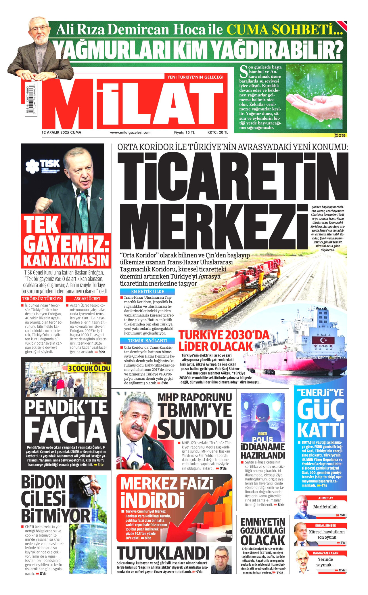 MİLAT gazetesinin 12 Aralık 2025 tarihli birinci sayfası