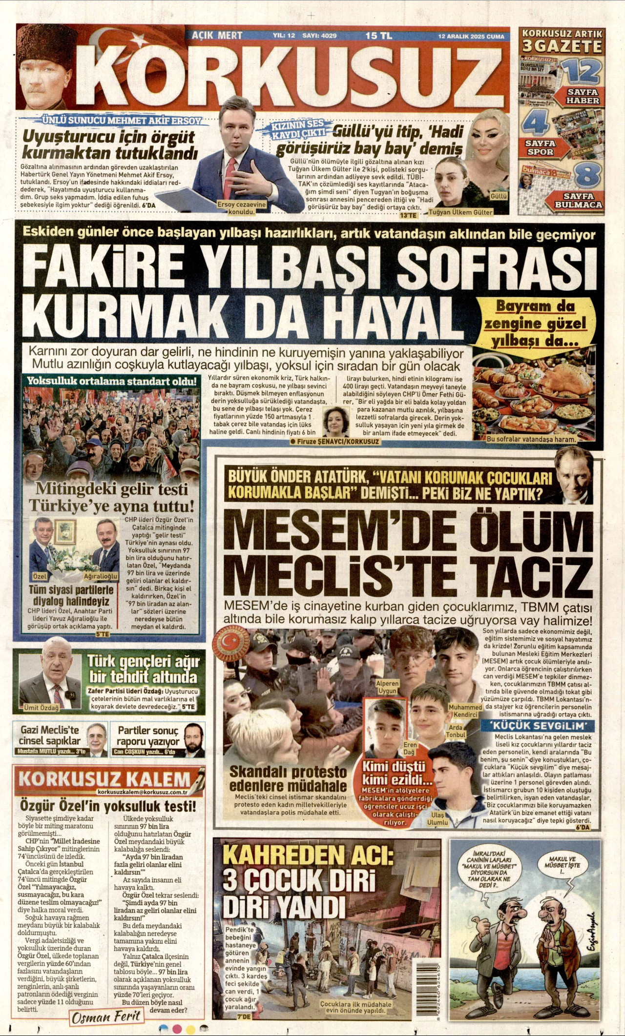 KORKUSUZ gazetesinin 12 Aralık 2025 tarihli birinci sayfası