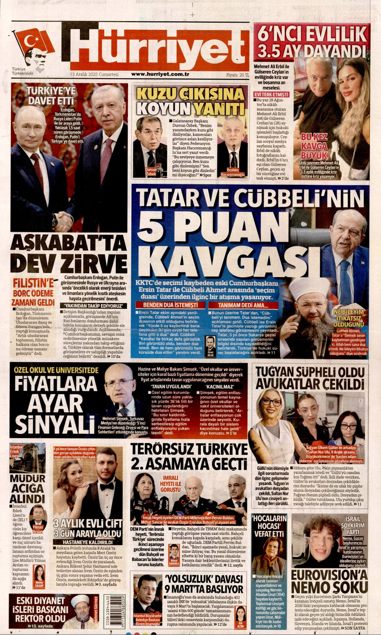 HÜRRİYET gazetesinin 13 Aralık 2025 tarihli birinci sayfası