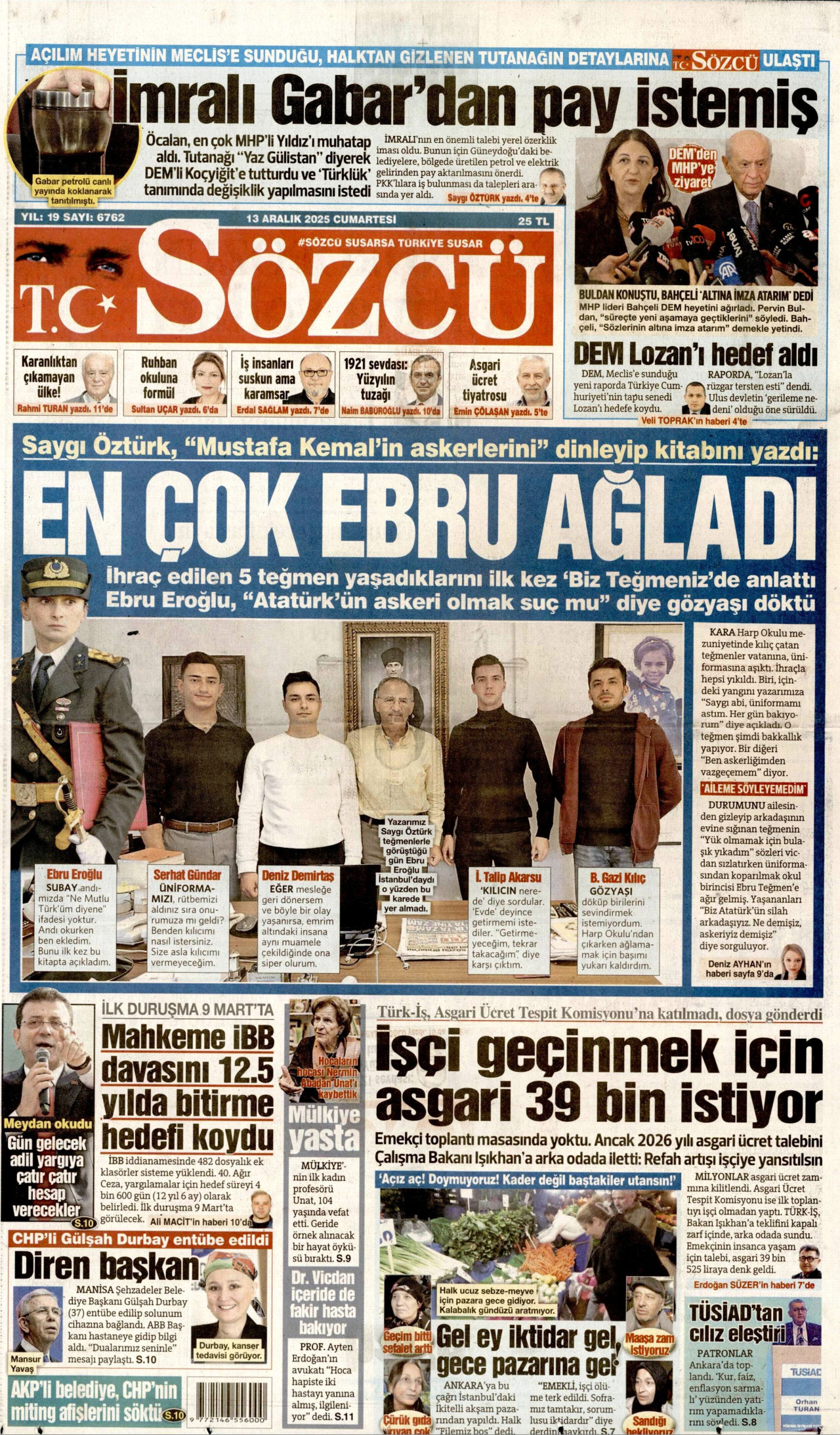 SÖZCÜ gazetesinin 13 Aralık 2025 tarihli birinci sayfası