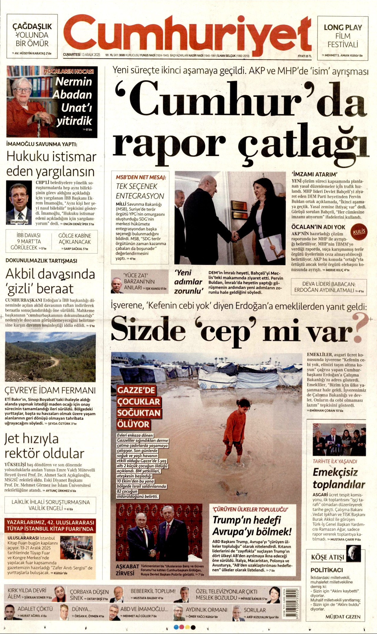 CUMHURİYET gazetesinin 13 Aralık 2025 tarihli birinci sayfası